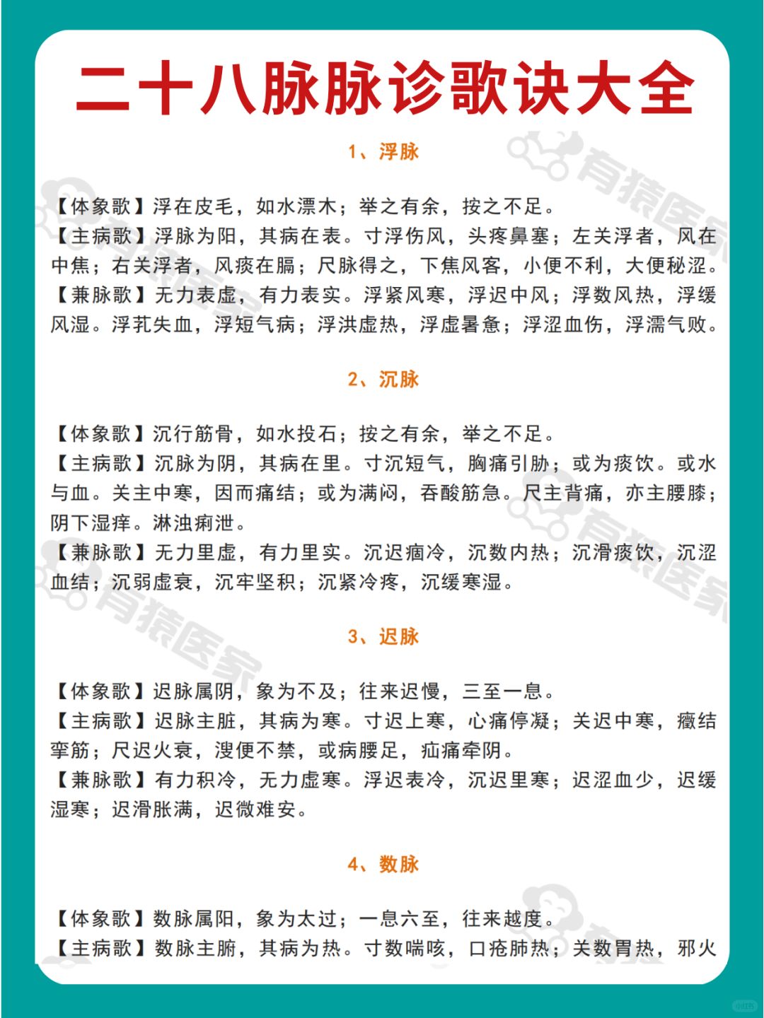 二十八脉歌诀，一次性就学会！