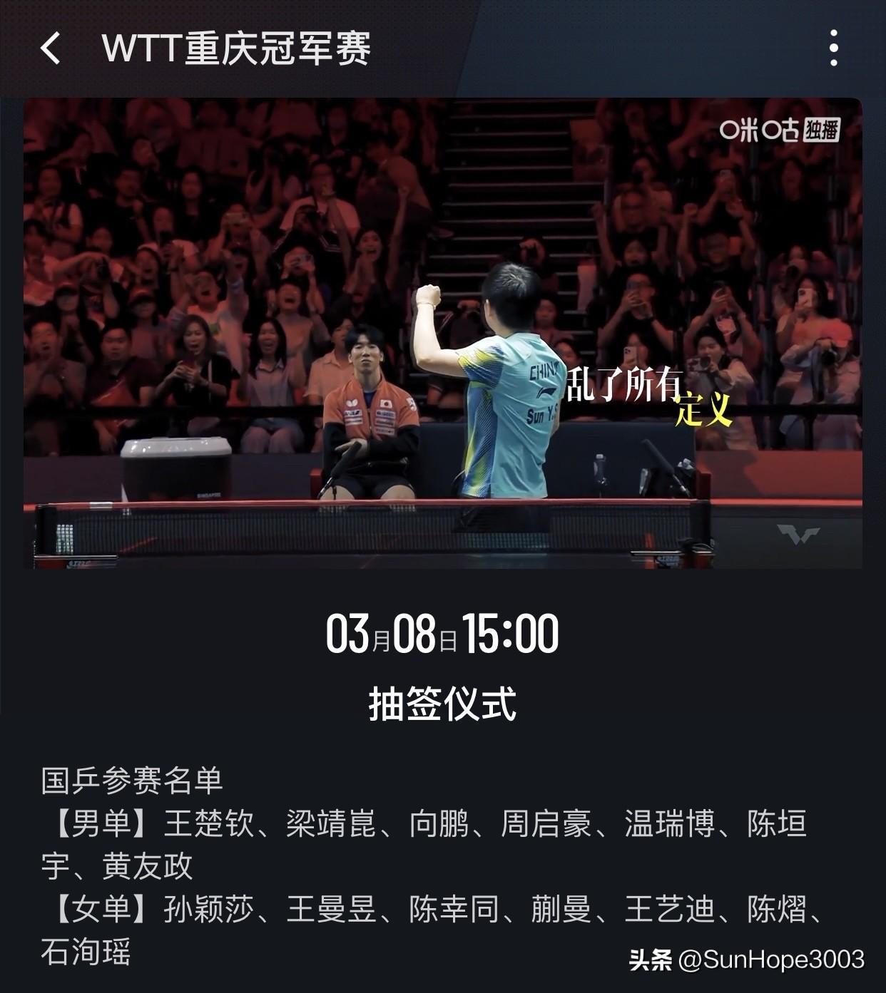 重庆冠军赛抽签仪式将在3月8日15点举行。

新加坡大满贯赛事结束之后，国乒回到