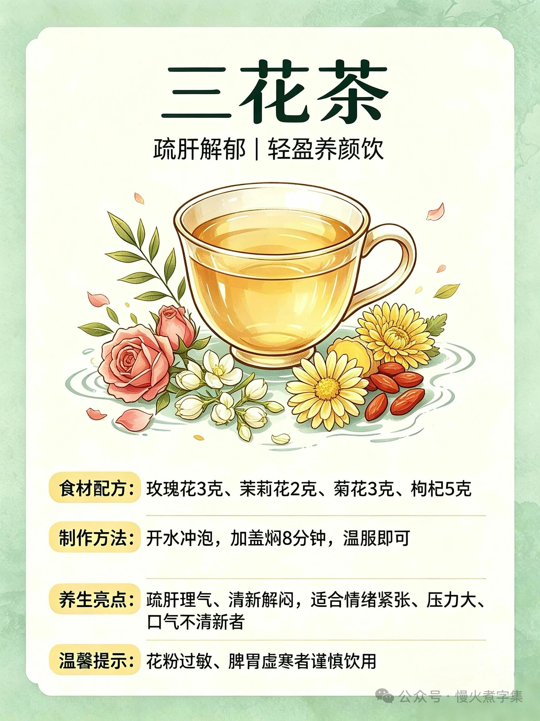 三花茶 疏肝解郁养颜养生茶压力大、爱烦躁、口气重？一杯三花茶，疏肝顺气，女生日常