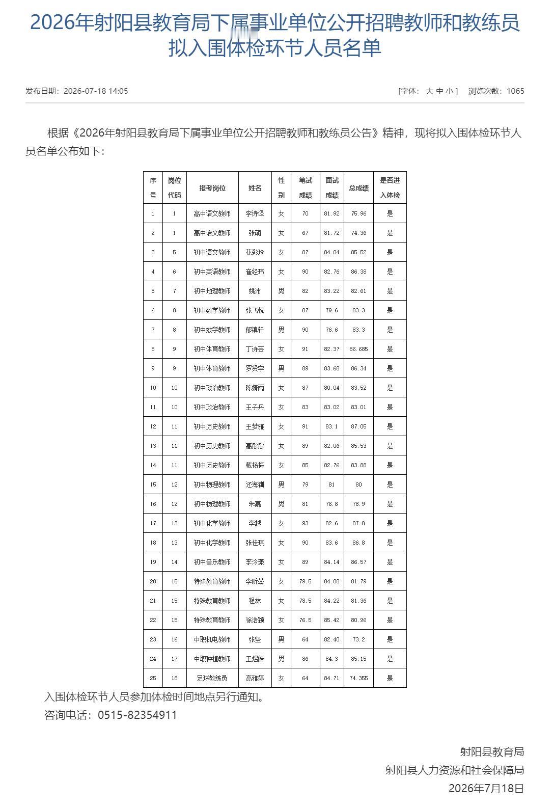 2026年射阳县教育局下属事业单位公开招聘教师和教练员拟入围体检环节人员名单，涉