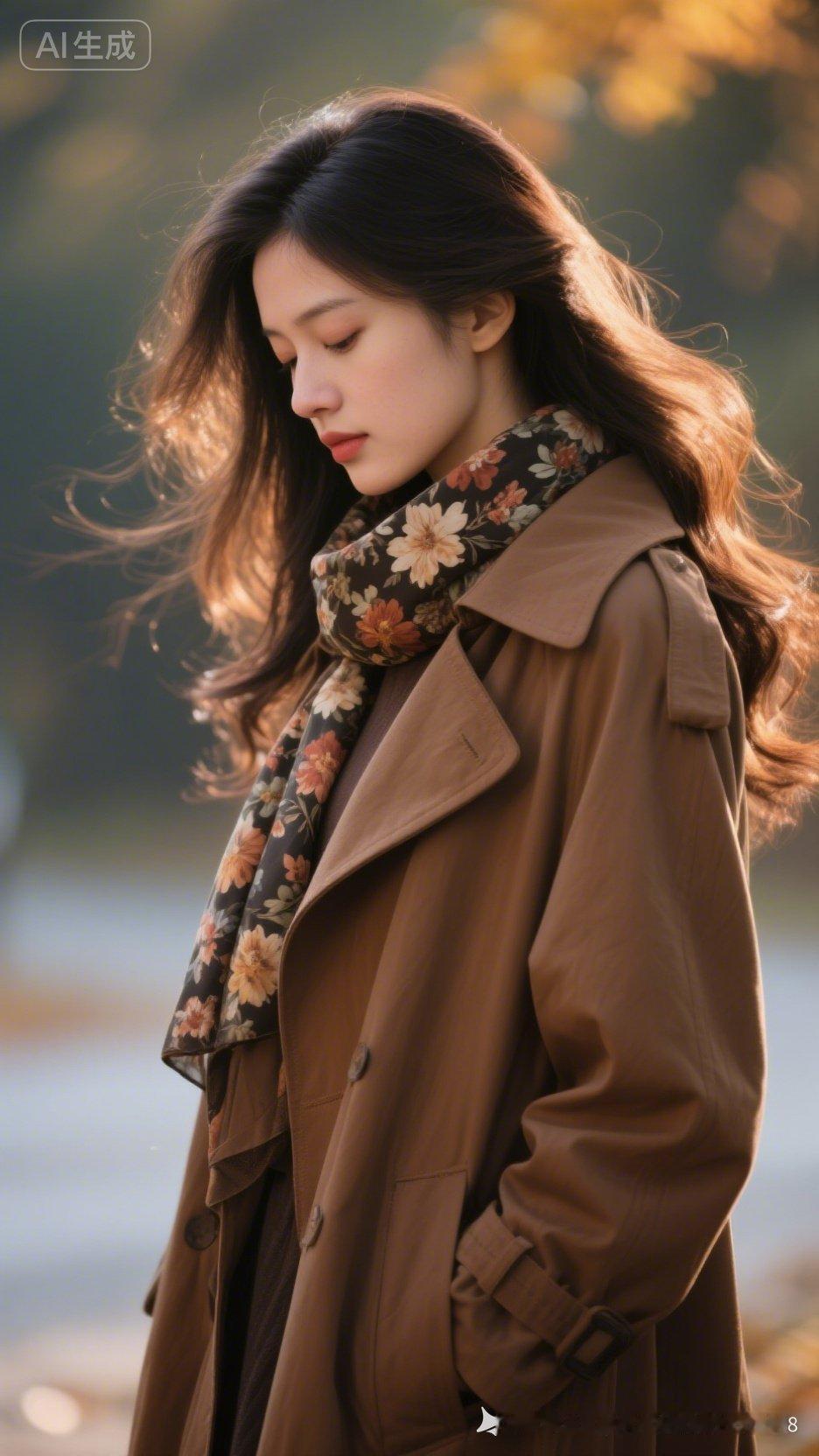 秋日暖阳下，温柔少女与花色围巾的浪漫邂逅。