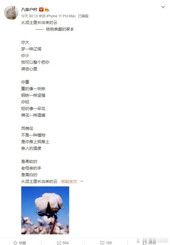 陈建斌曾经为家乡新疆的棉花作诗一首：“而棉花，不是一种植物，是你身上我身上，亲人