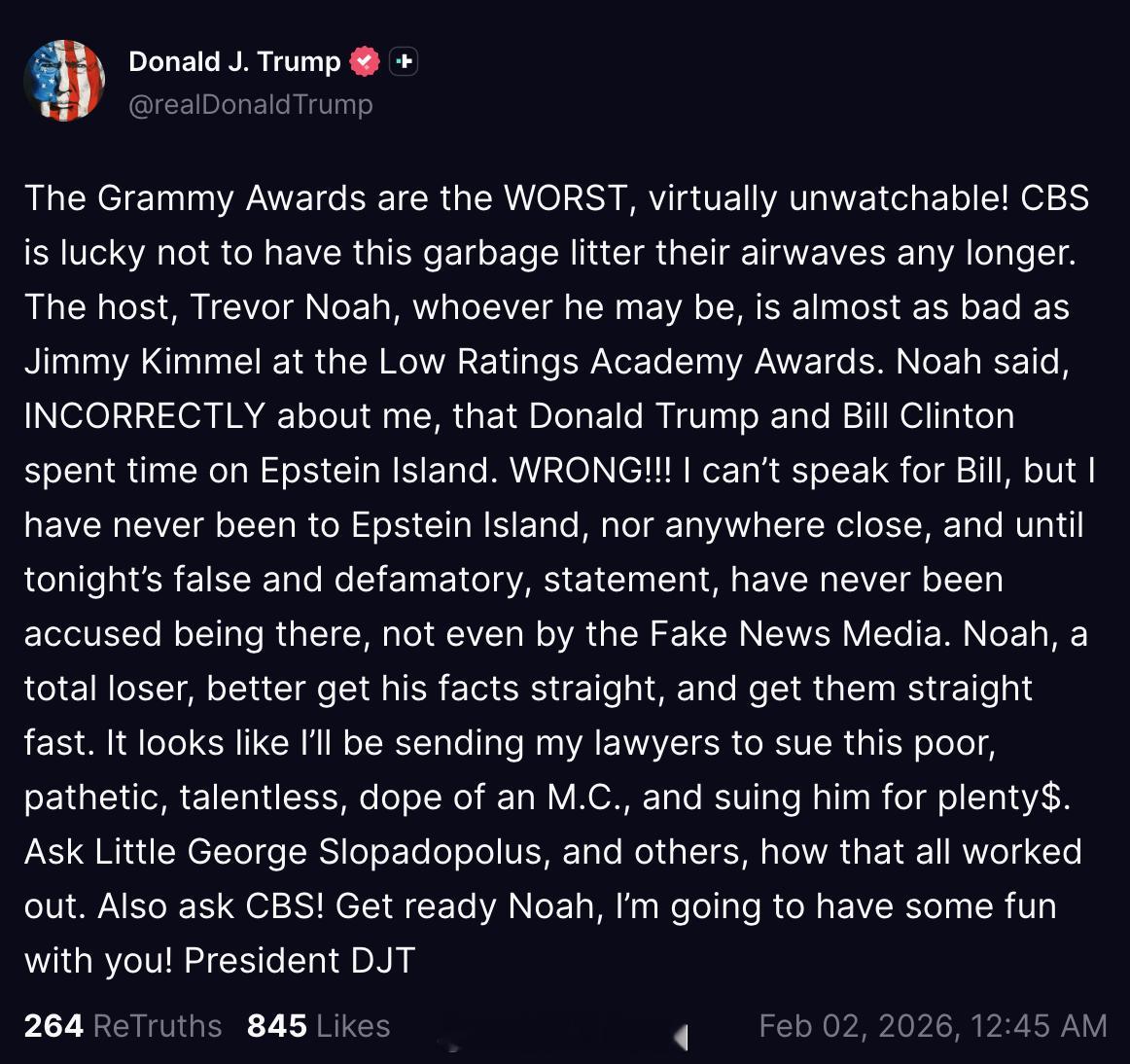 川普看完格莱美后：“格莱美奖真是垃圾，几乎看不下去！CBS也是走运，以后总算不用