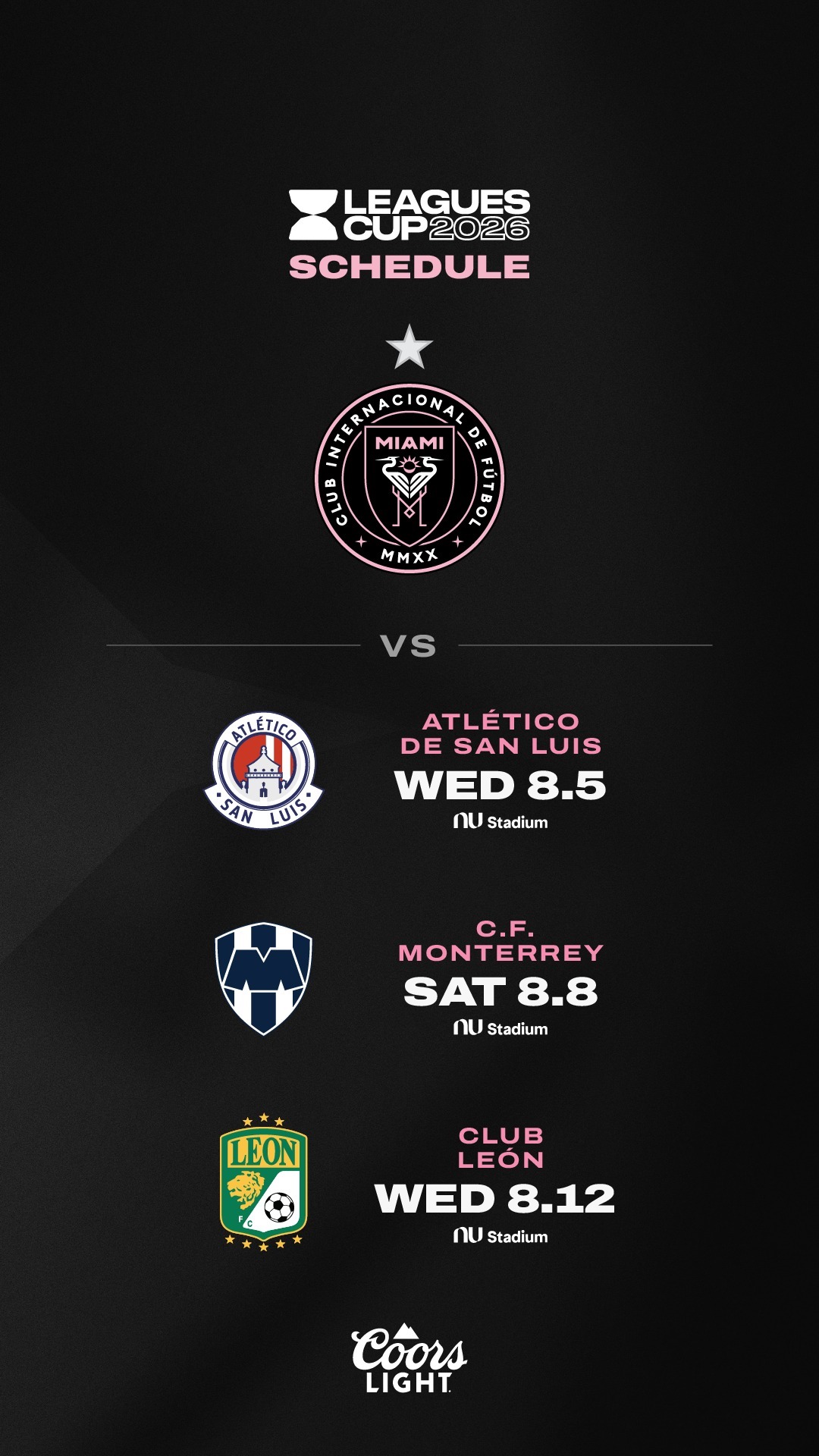 🗓️迈阿密国际2026赛季北美联赛杯小组赛赛程公布：⏰8月5日 迈阿密国际🆚