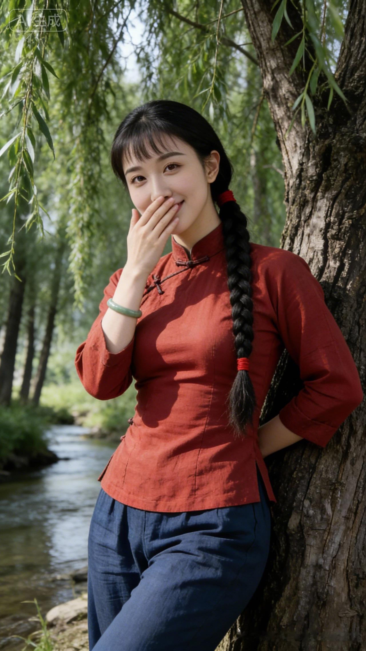 辫子粗又长，
柳下纳阴凉。
含笑望远方，
盼卿来身旁。