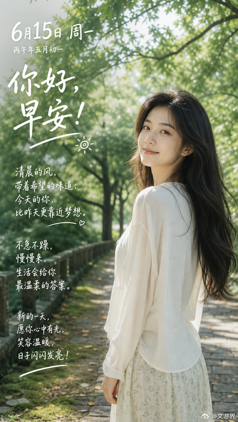 6月15日 周一丙午年五月初一你好，早安！清晨的风，带着希望的味道；今天的你，比