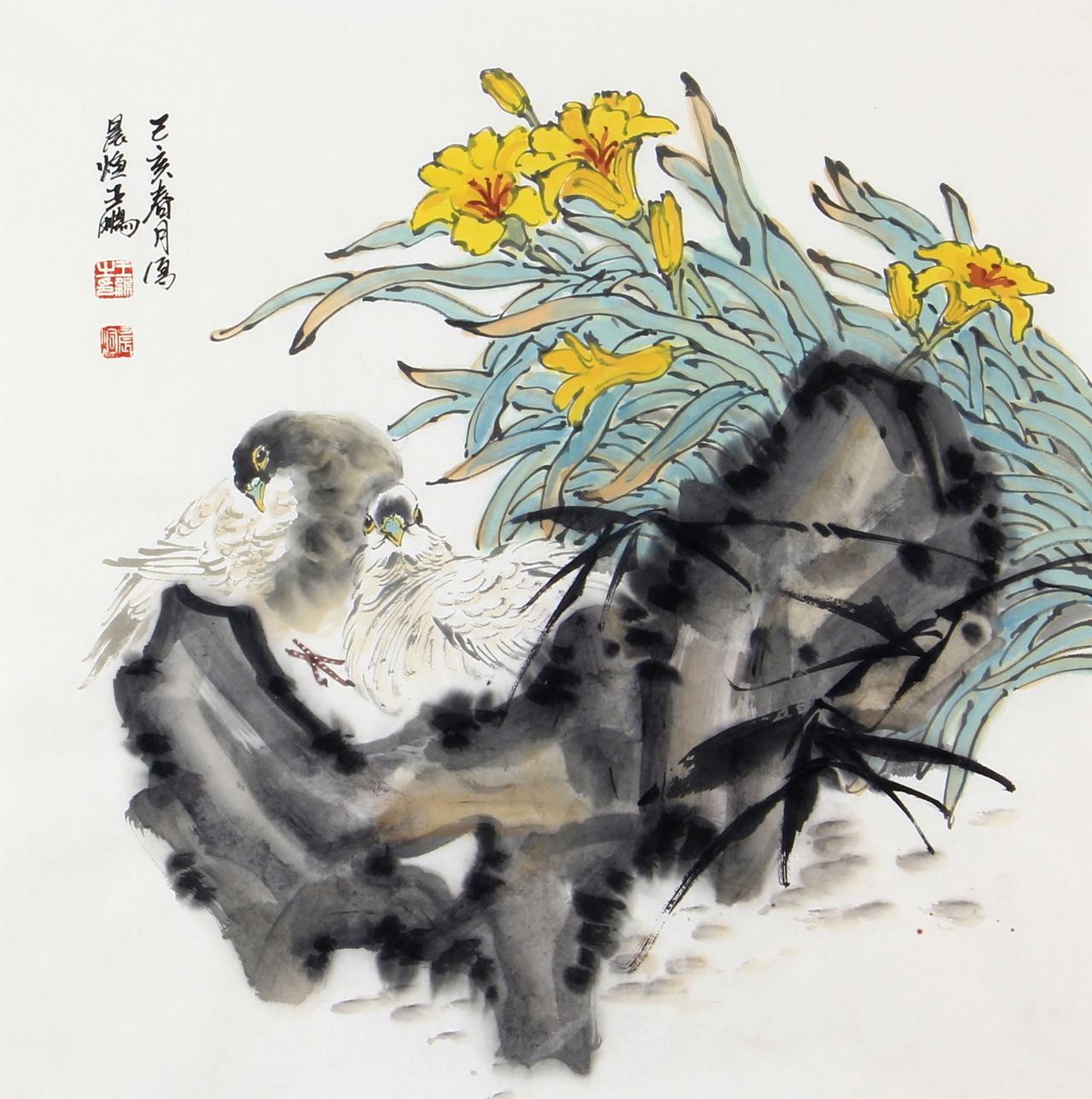 王鹏先生的花鸟画，堪称传统工笔与现代审美交融的典范。其构图精妙绝伦，疏密有度、虚