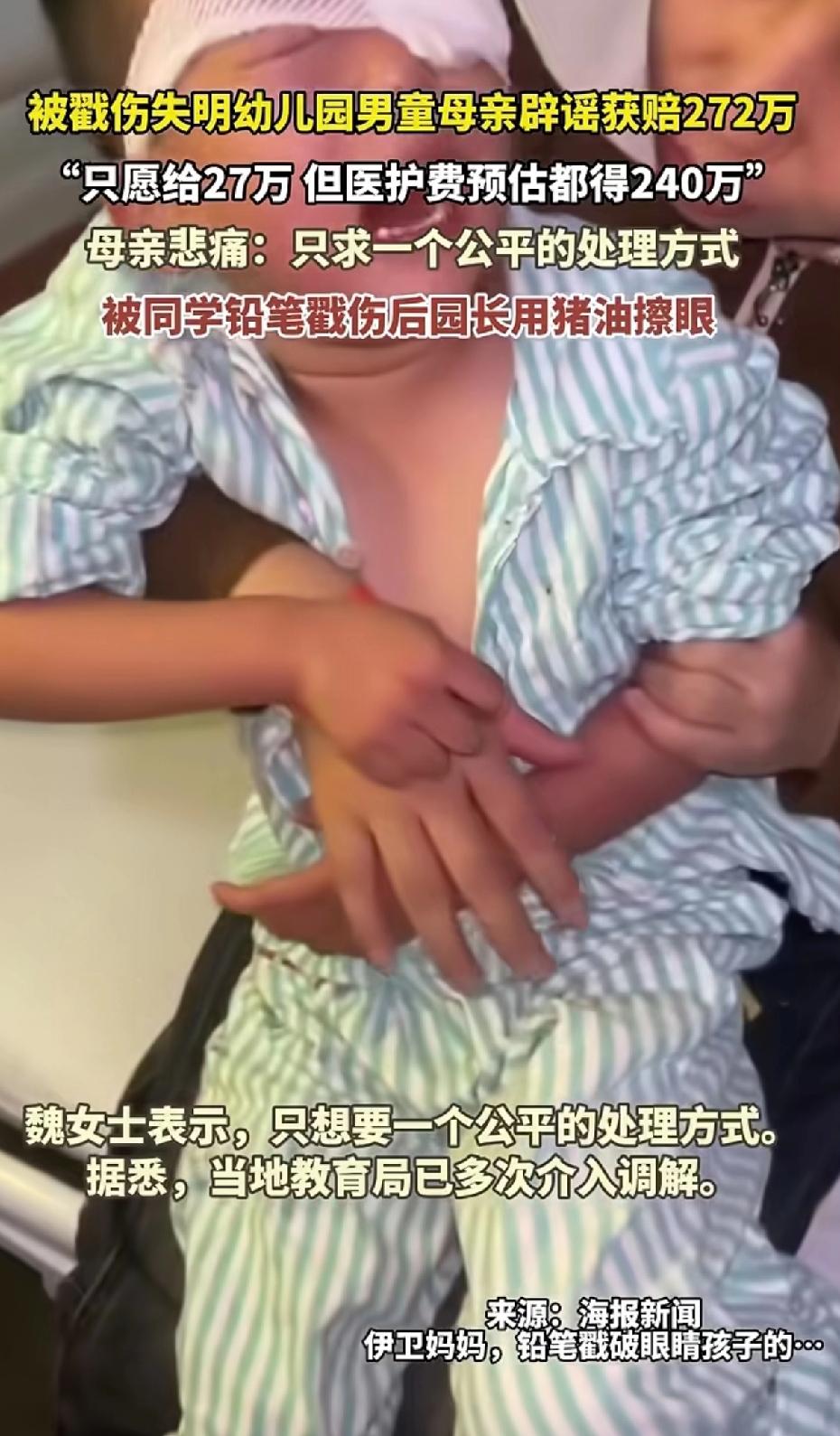被戳伤失明幼儿园男童母亲辟谣获赔272万，“只愿意给27万 但医护费预估都要24