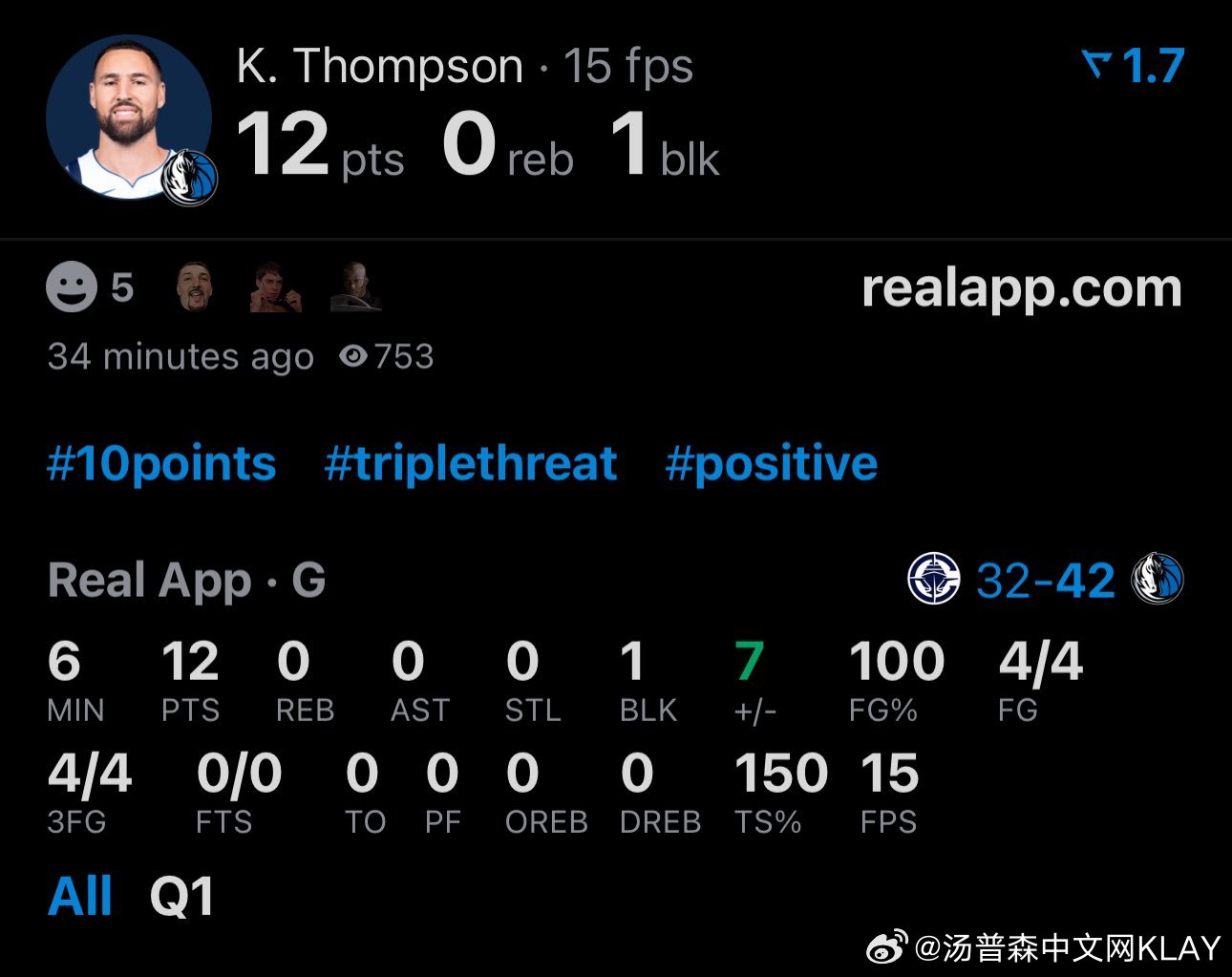 汤黑们快来看，今天注定不简单，第一节你汤三分4/4+一个切球 队记：克莱·汤普森