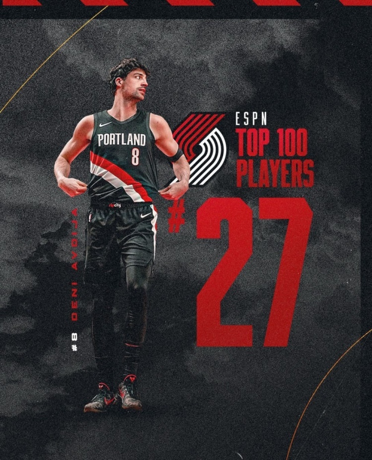 开拓者 官方更新社媒，晒出了队内的ESPN百大球员海报，分别是克林根（95）、霍