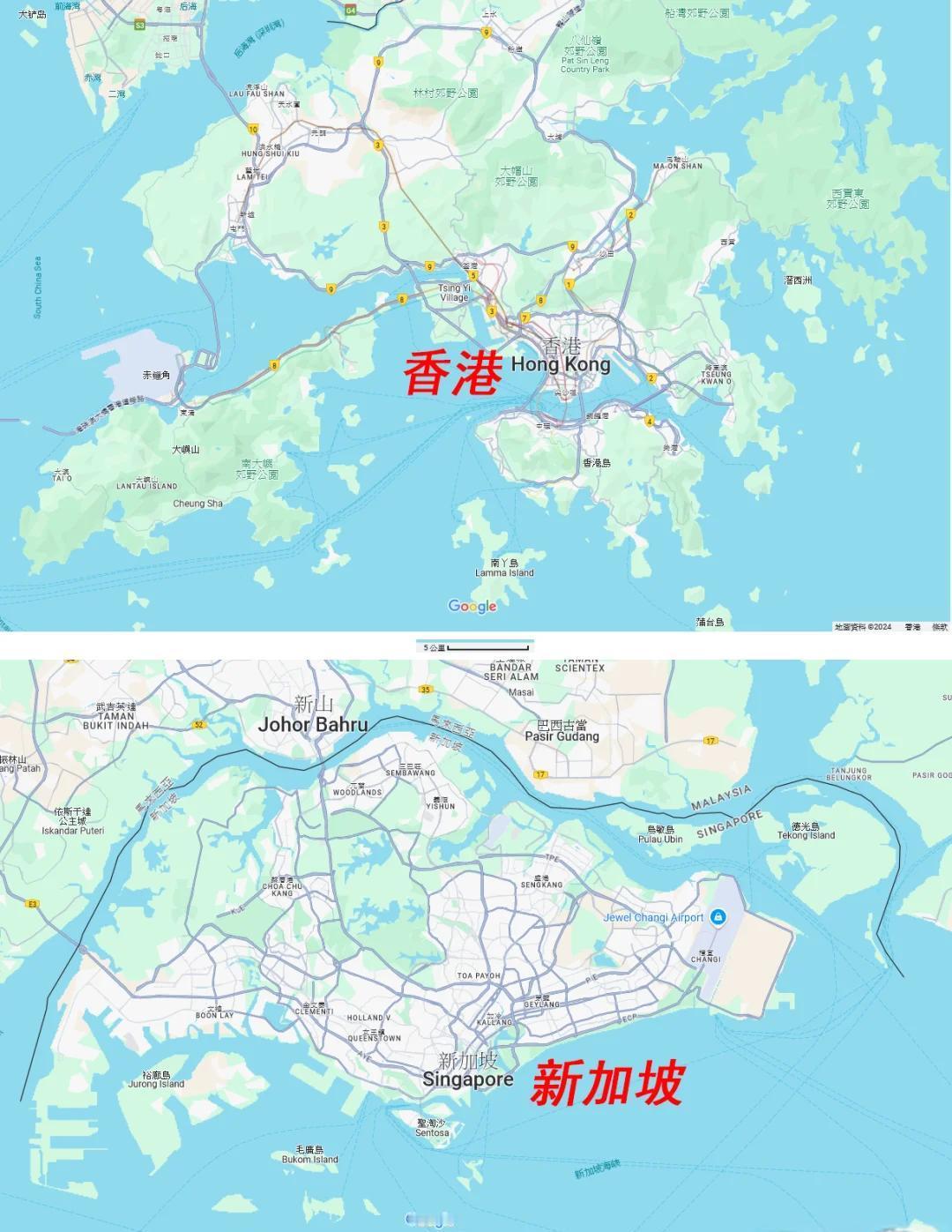 香港表面上看比新加坡大，实际上比新加坡拥挤得多。香港特别行政区土地面积1114.