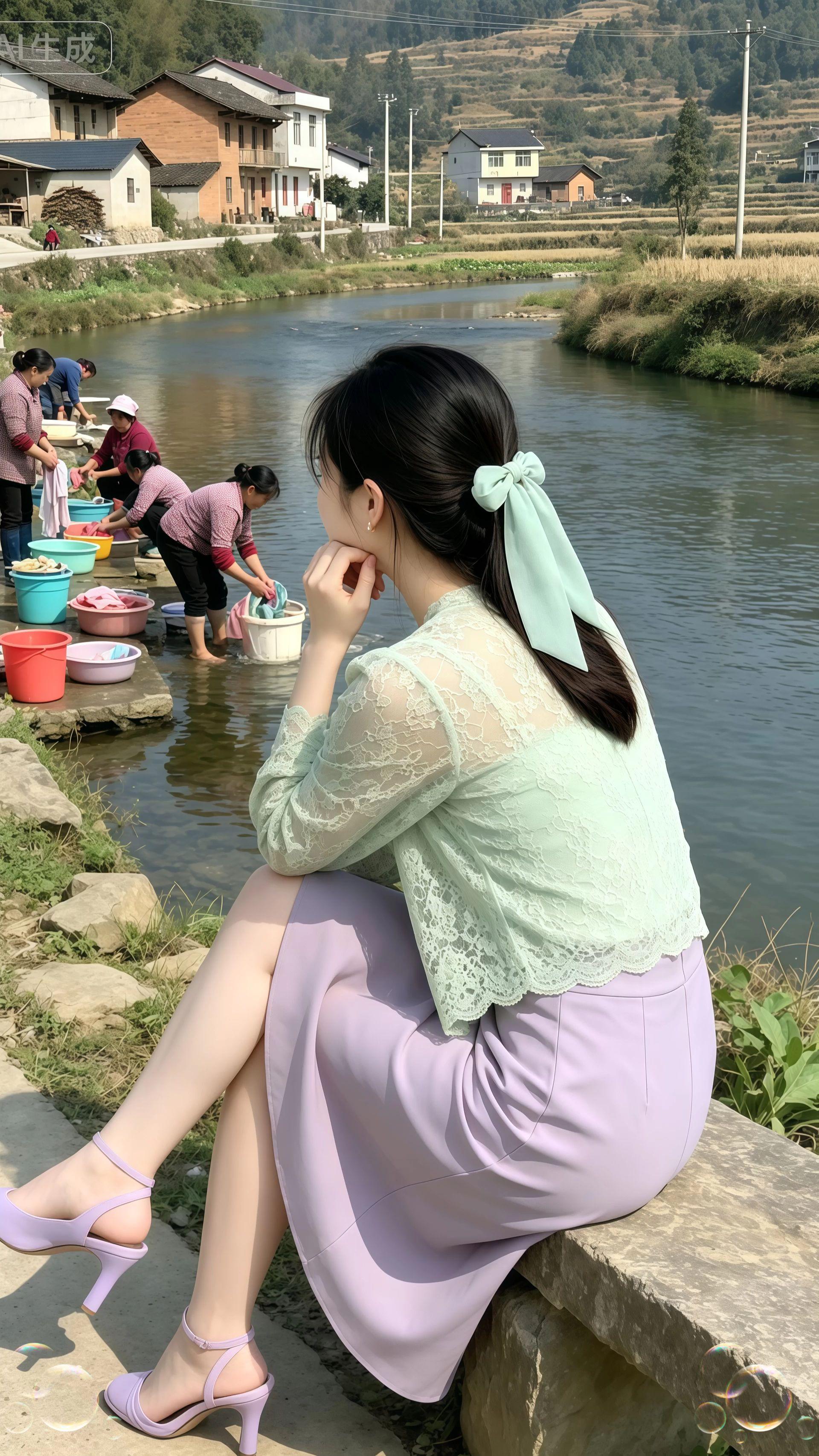 溪边女孩 夏日河边穿搭 溪边女子 水塘边的女人 美女河边洗衣服