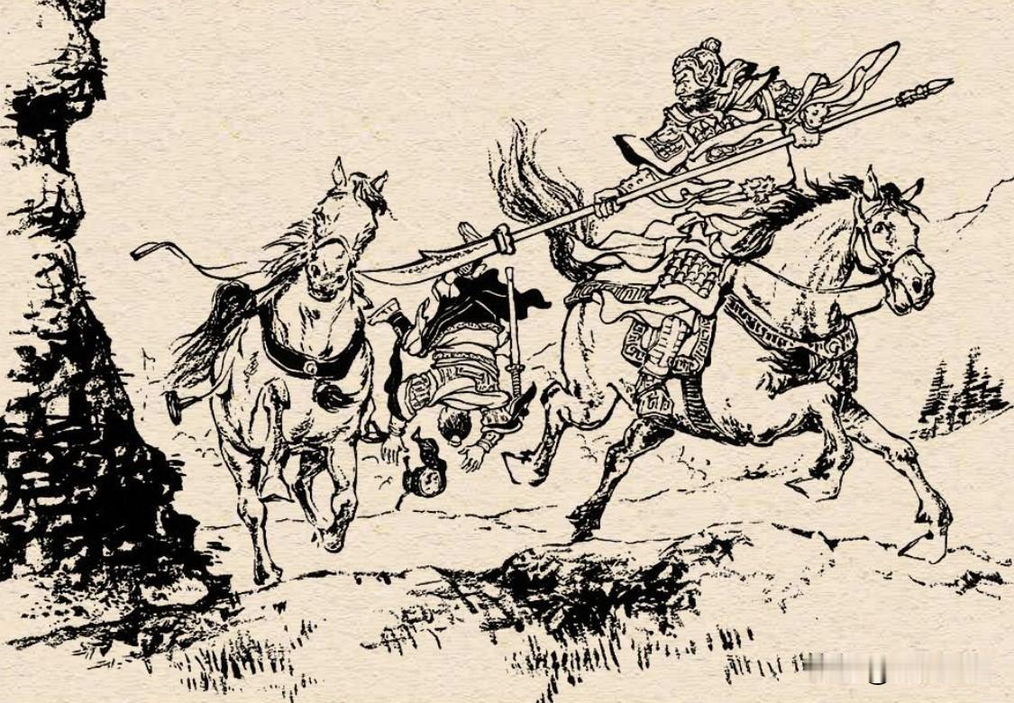 这幅图在笔者看来，绘制得着实精妙。那种斩将的随心，被杀的落寞，战马的跃动，大刀的