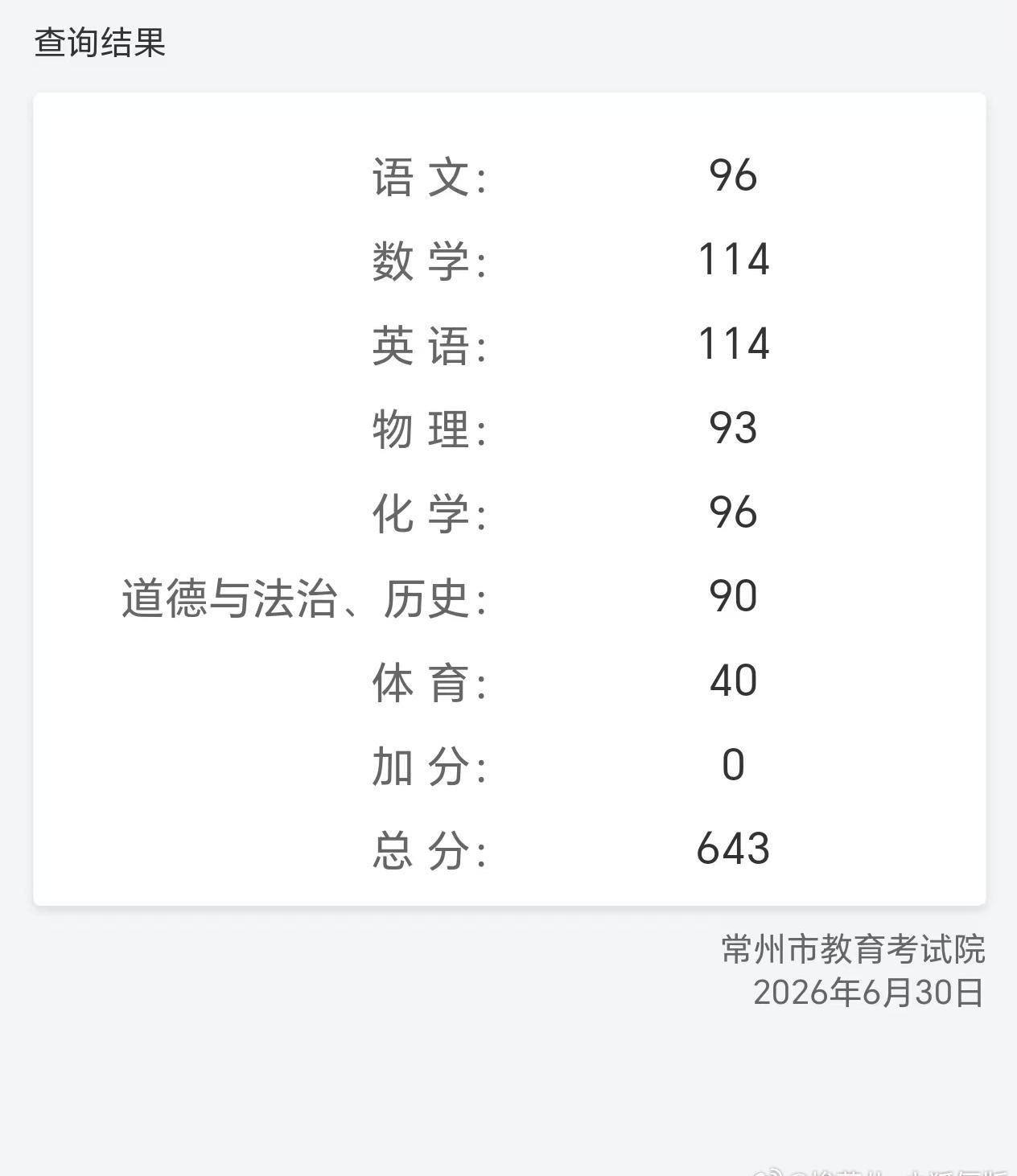 今天中考出分，弟弟的中考成绩，满分700。这个分数也只能勉强上常州排名第五的重点