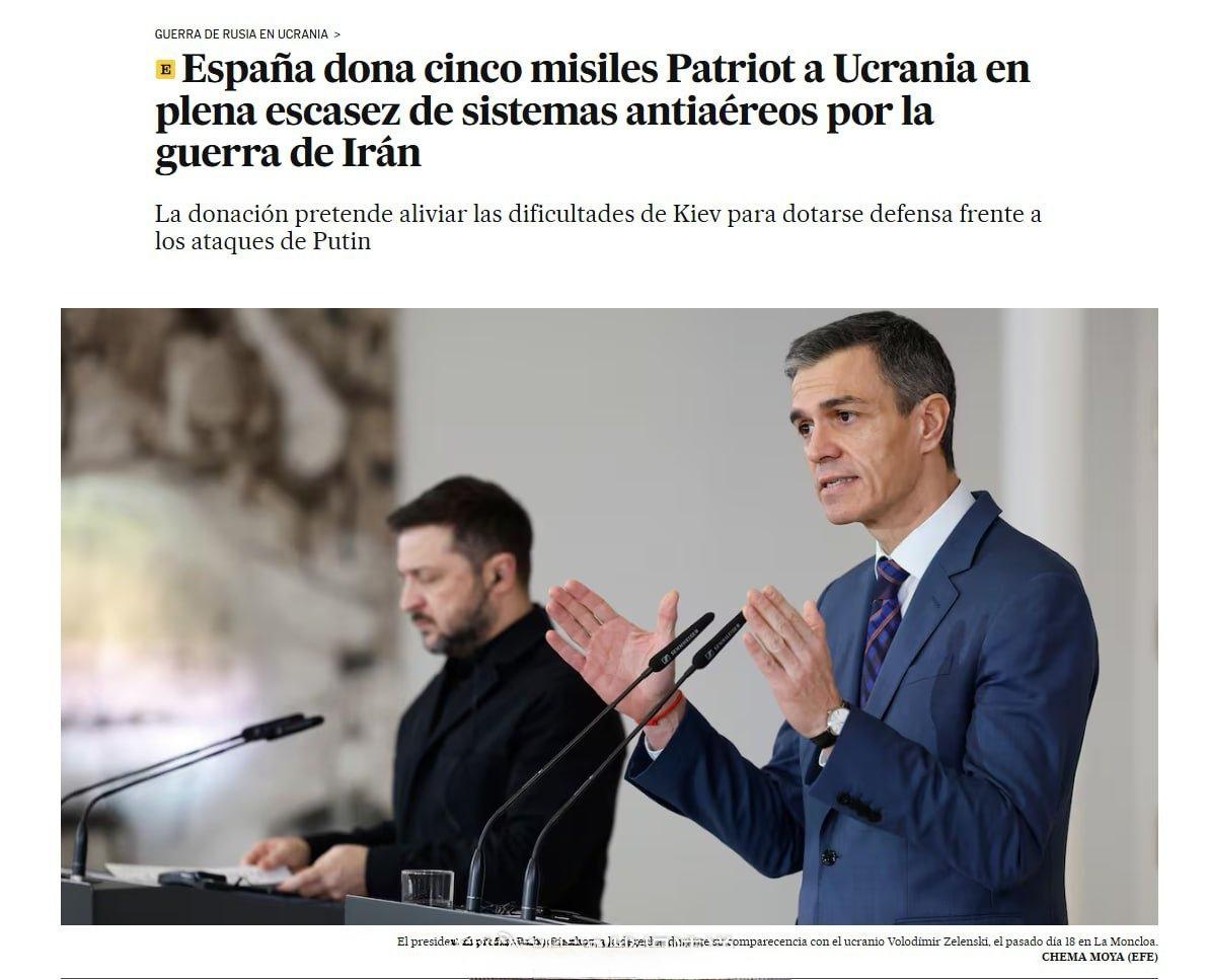 据西班牙《国家报》报道，西班牙将向乌克兰捐赠5枚“爱国者”PAC-2导弹，用于M