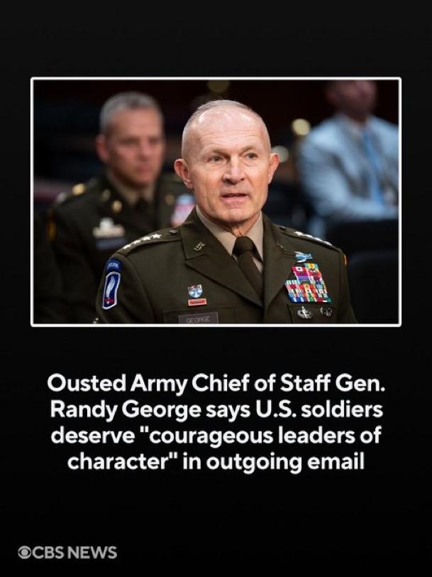 被解职的陆军参谋长兰迪·乔治将军在一封发给五角大楼官员的电子邮件中表示，美国士兵