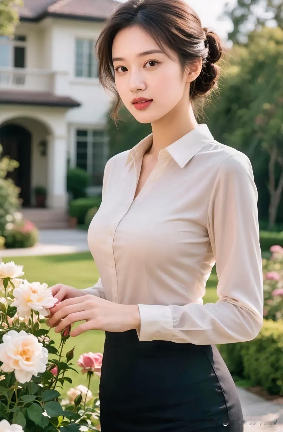 时尚穿搭素衣浅笑倚花丛，温柔缱绻，岁月安然如画。