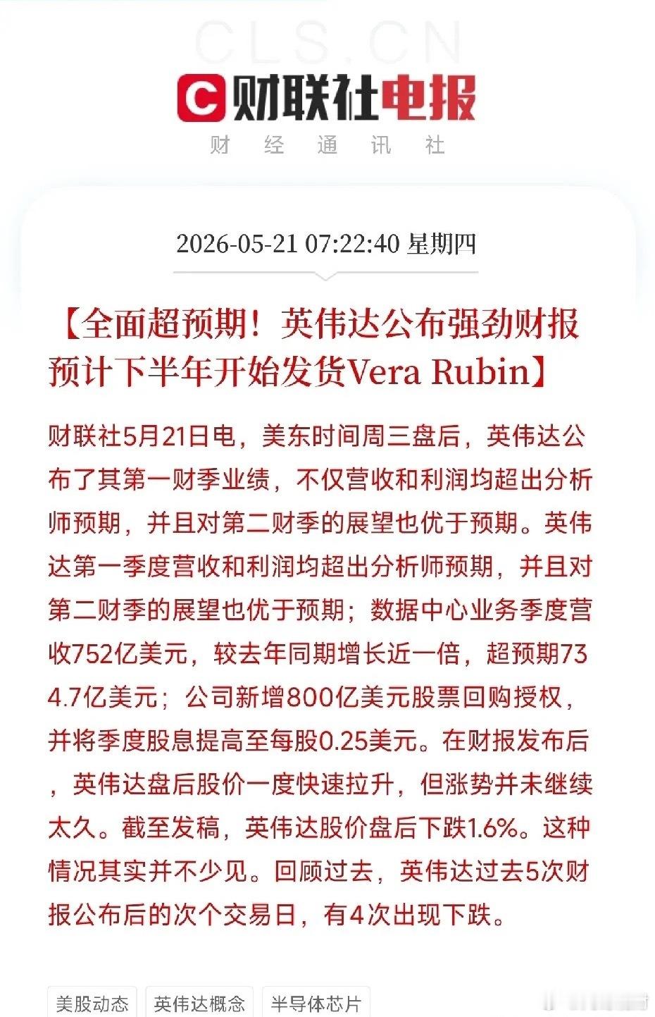 英伟达财报：Q1营收816亿美元增85%，800亿美元回购同步官宣英伟达2027