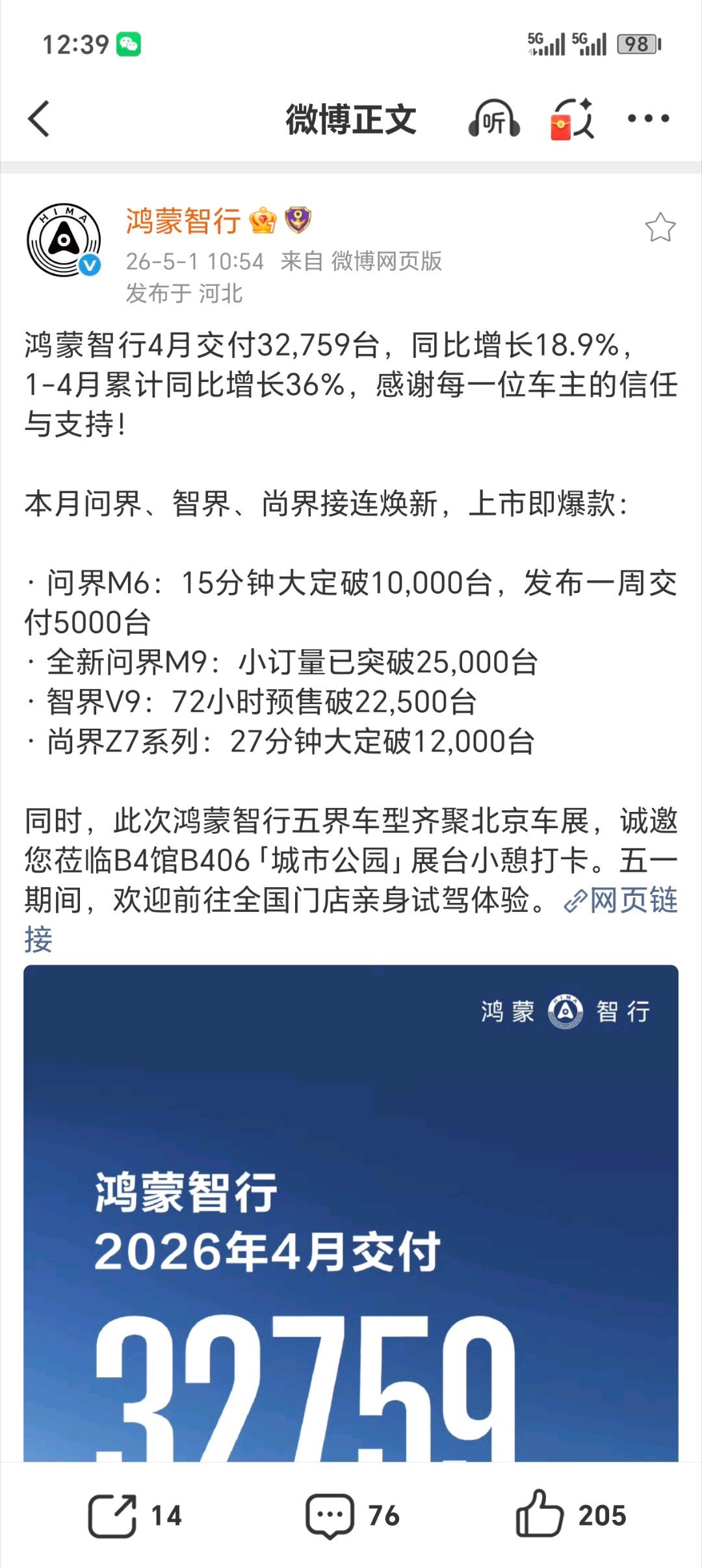 【鸿蒙智行 4 月交付 32759 辆汽车，同比增长 18.9%】鸿蒙智行 4 