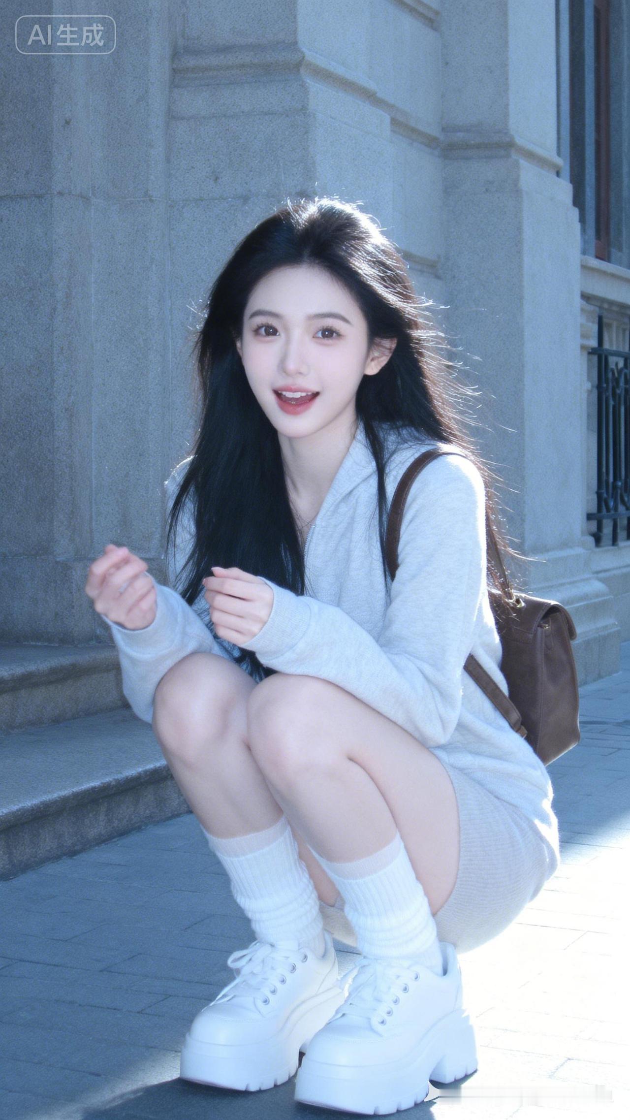 黑发甜妹身着修身服饰，搭配白厚底鞋、白中筒袜与棕色包包，立于灰色石质建筑前。冷调