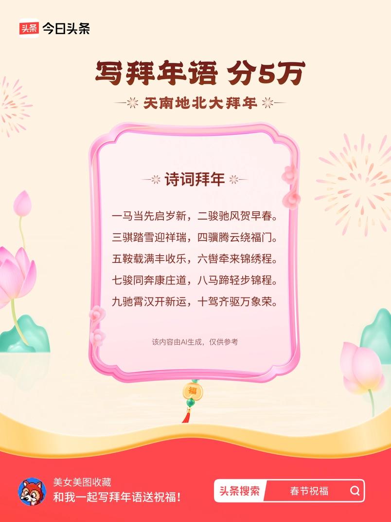 写拜年语送祝福新春拜年送祝福！我的祝福是：“一马当先启岁新，二骏驰风贺早春。三骐