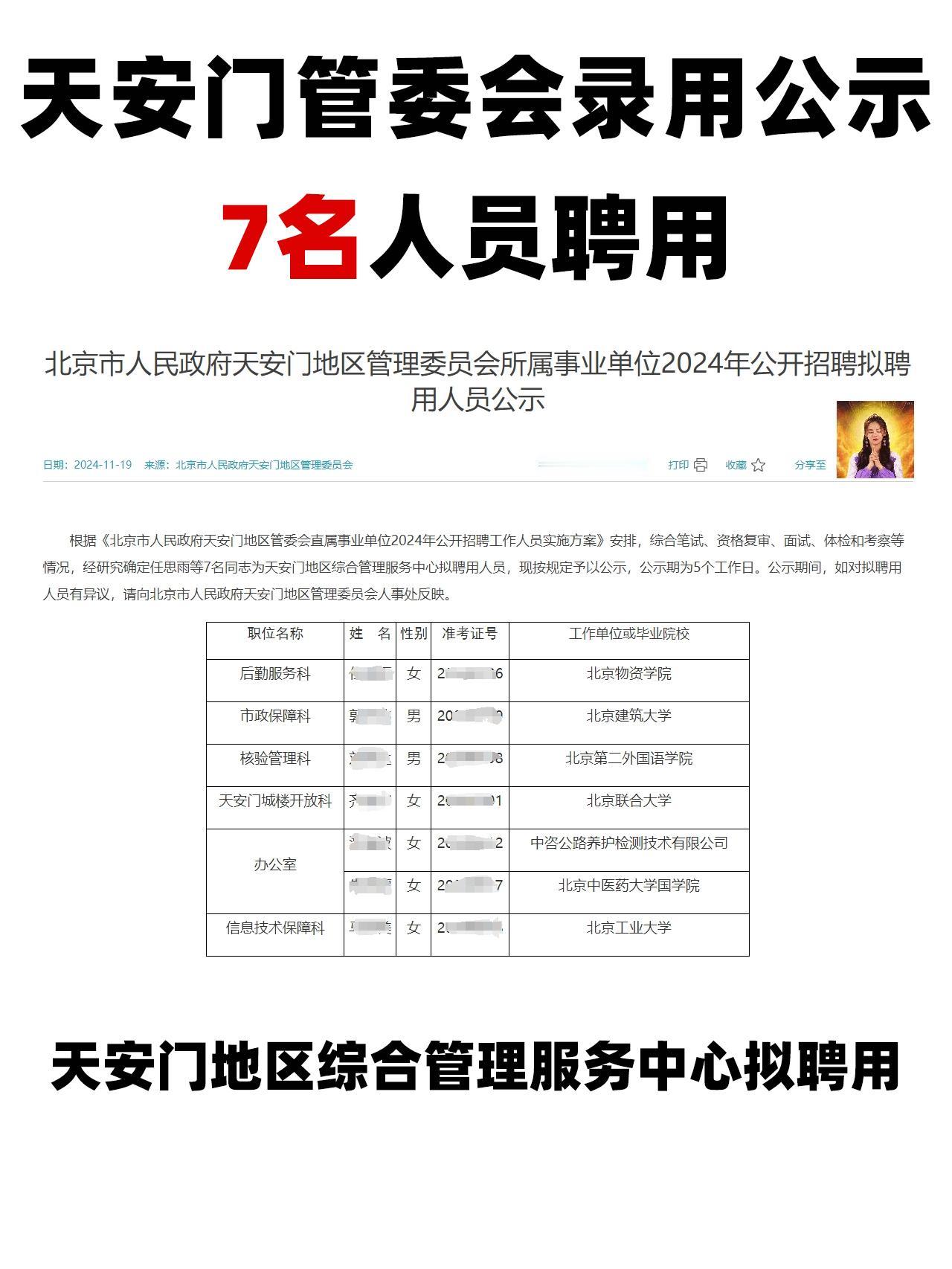 天安门地区管理委员会 聘用7人公示🔥
综合笔试、资格复审、面试、体检和考察等情