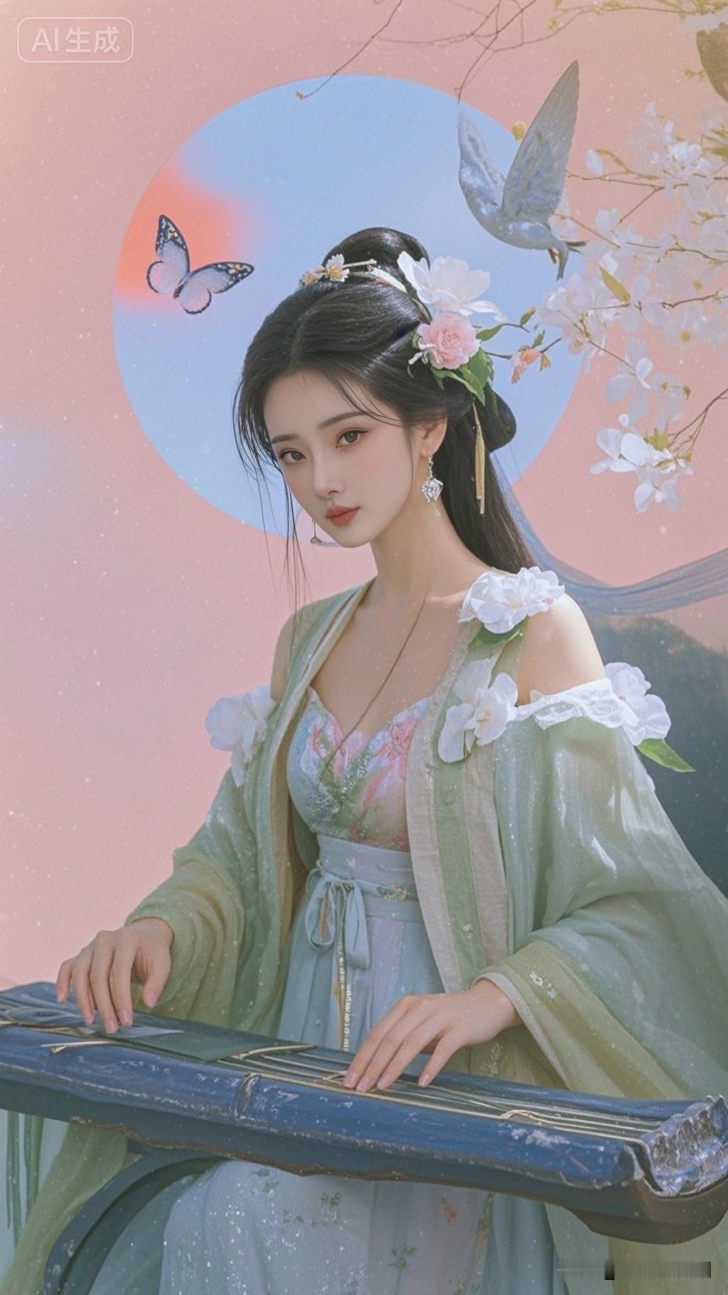 这姑娘在弹古筝，月亮当背景。