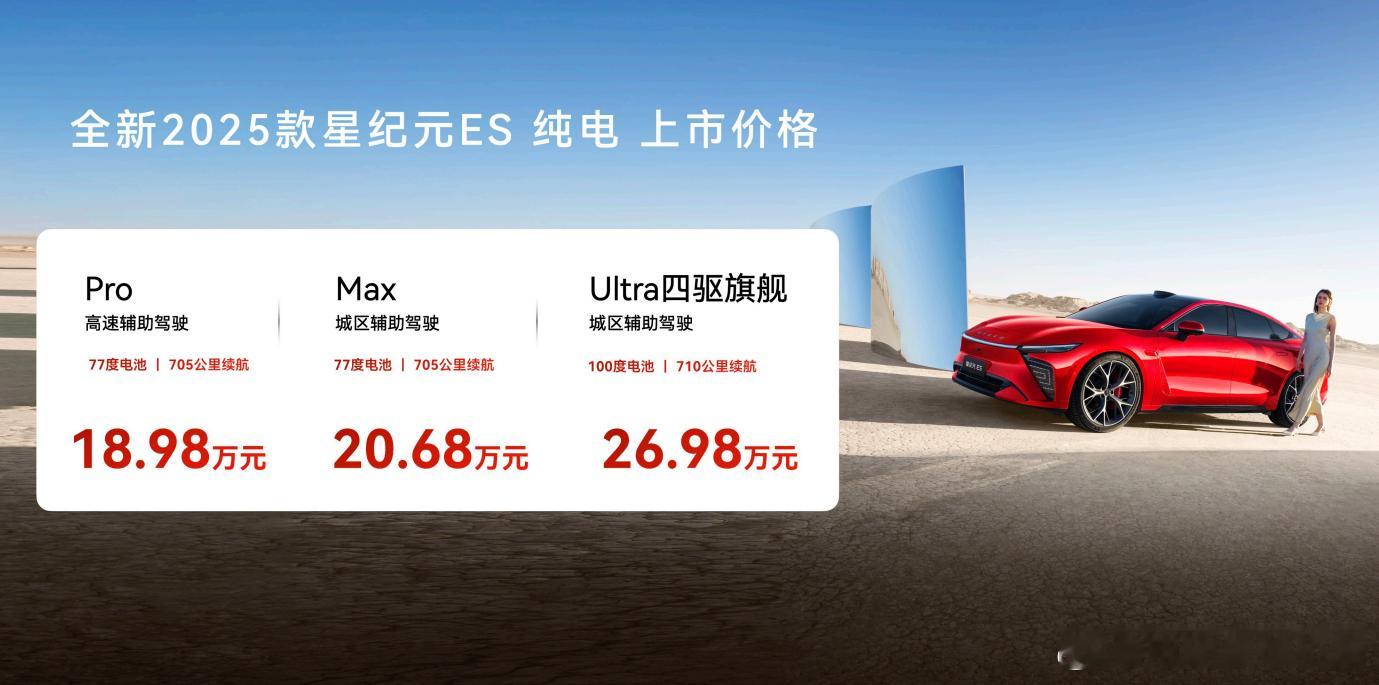 2025款星纪元 ES 纯电正式上市，共三个版本：- PRO 版，18.98 万