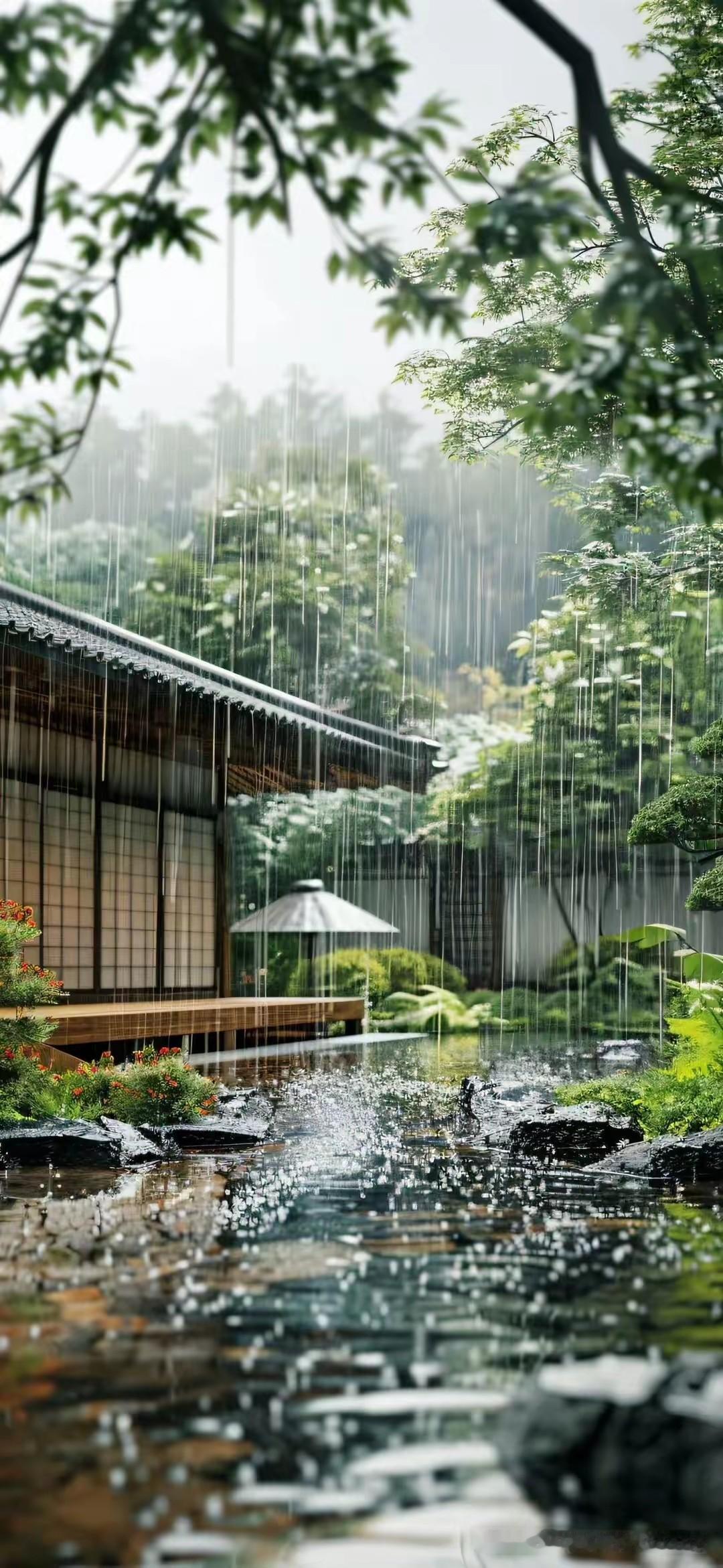 《夏雨》
这几天天天下雨，
如银珠倾洒天地间，
敲打着瓦檐奏乐章。
池塘泛起层层