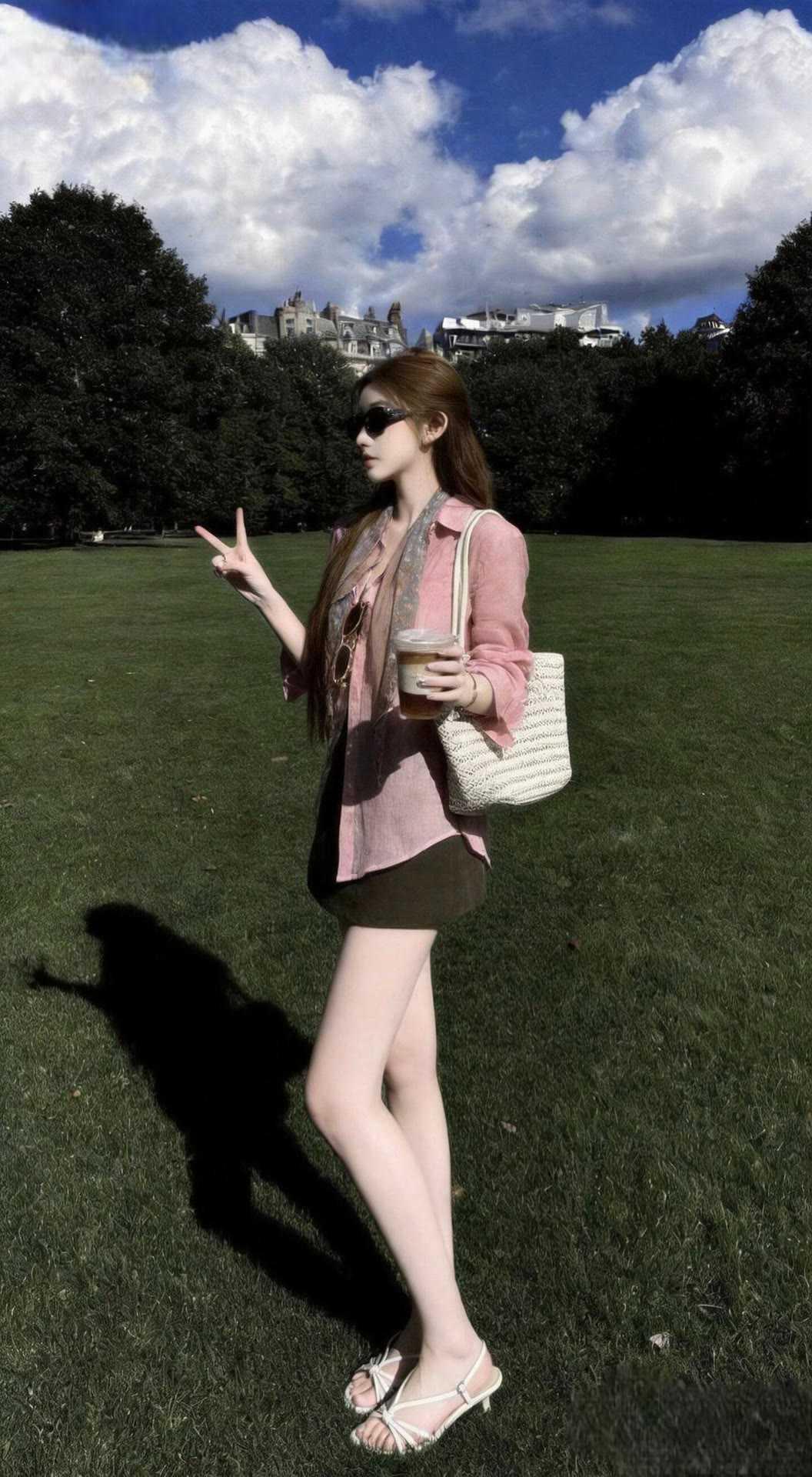知性美女穿搭分享低饱和粉调亚麻衬衫，自带透气柔光感，搭配深棕A字短裙，轻松拿捏知