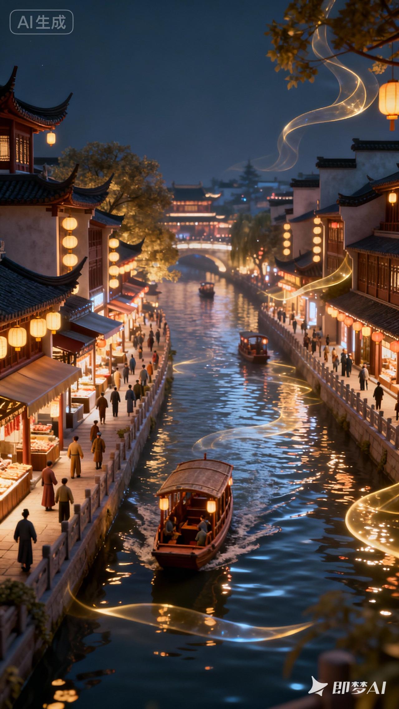 月色笼古镇，灯影映河川，这画面简直绝了。之前去过一个江南古镇，夜晚时分，月亮洒下