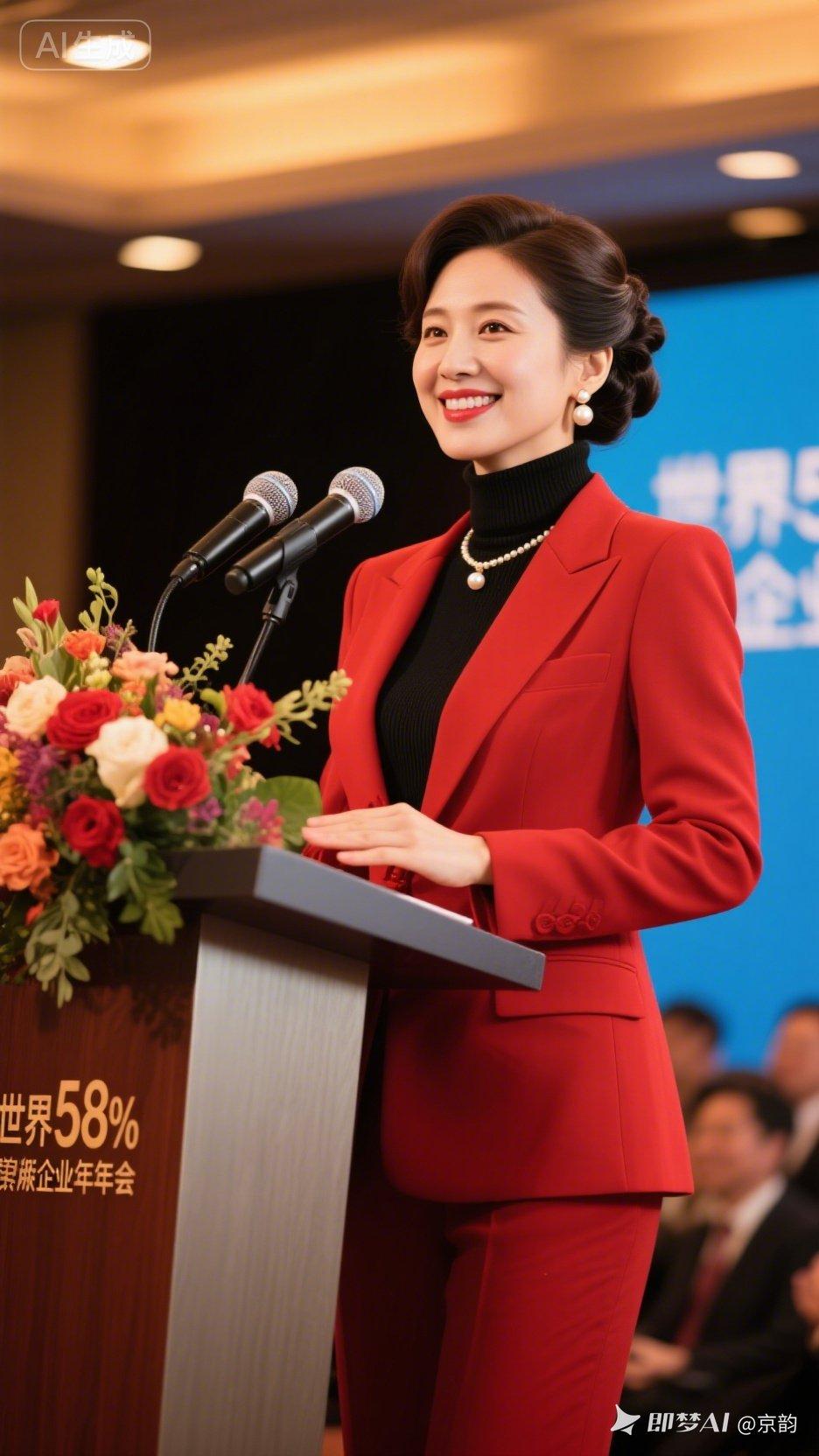 自信满满的演讲者，红衣惊艳全场！