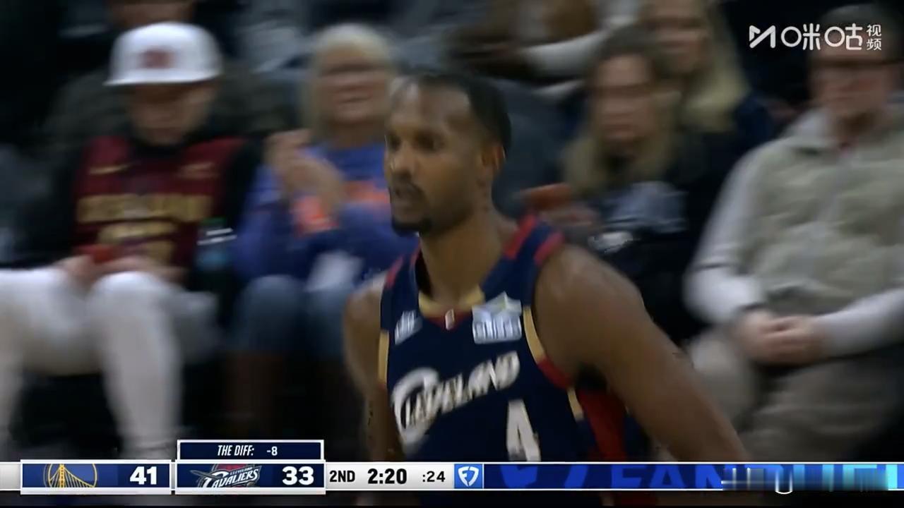 勇士队多点开花轮换阵容半场45-36领先骑士队9分，勇士队三分球19中7，骑士队