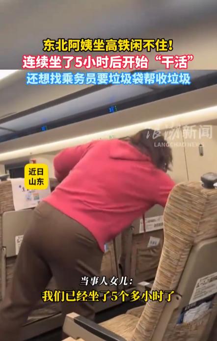 一个东北阿姨坐 5 小时高铁后不是急着下车，而是主动收拾车厢座椅，还想帮忙打扫卫