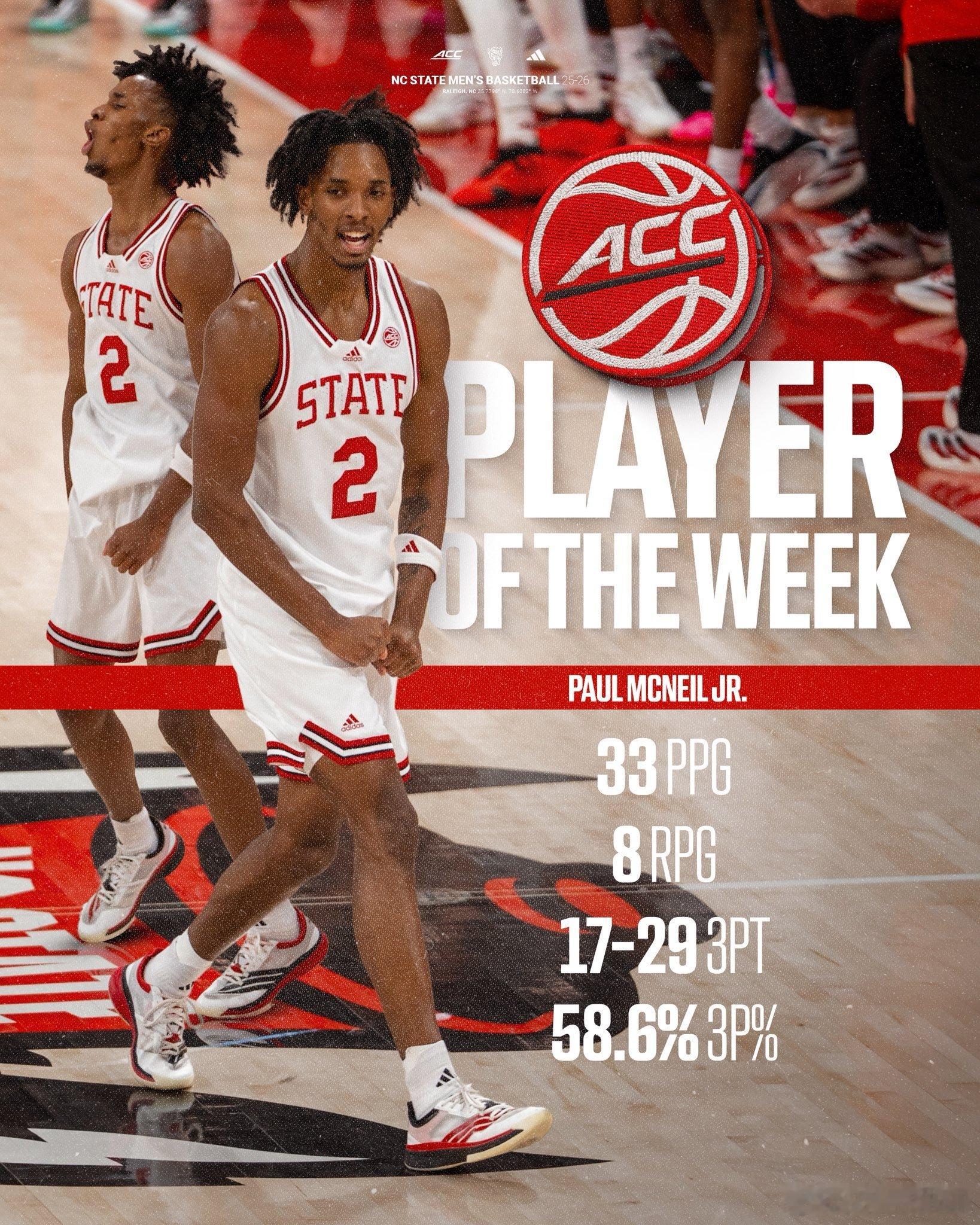 ACC联盟第7周表现奖（2025-2026赛季）。 最佳球员：Paul Mcne