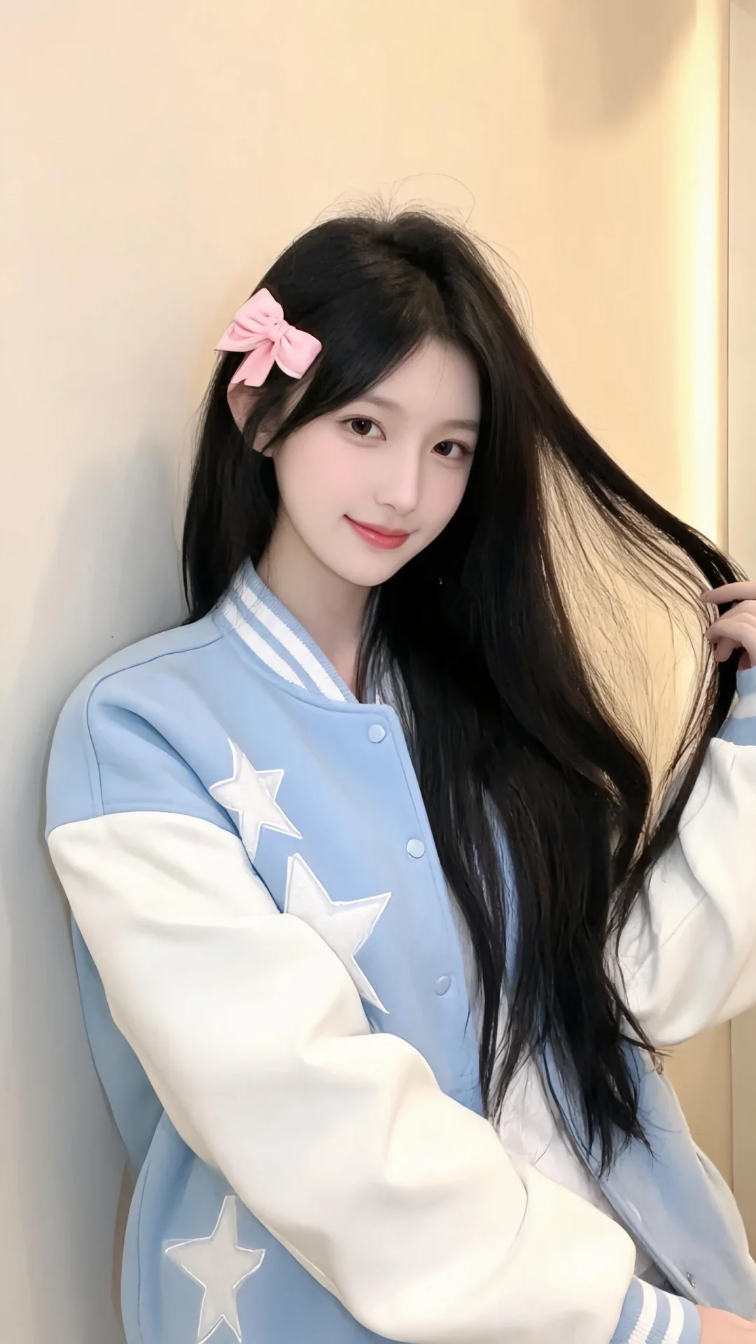 一位长发飘飘模样可爱的女生，尽显生活中的绚丽日常，人像摄影，日常快照风...