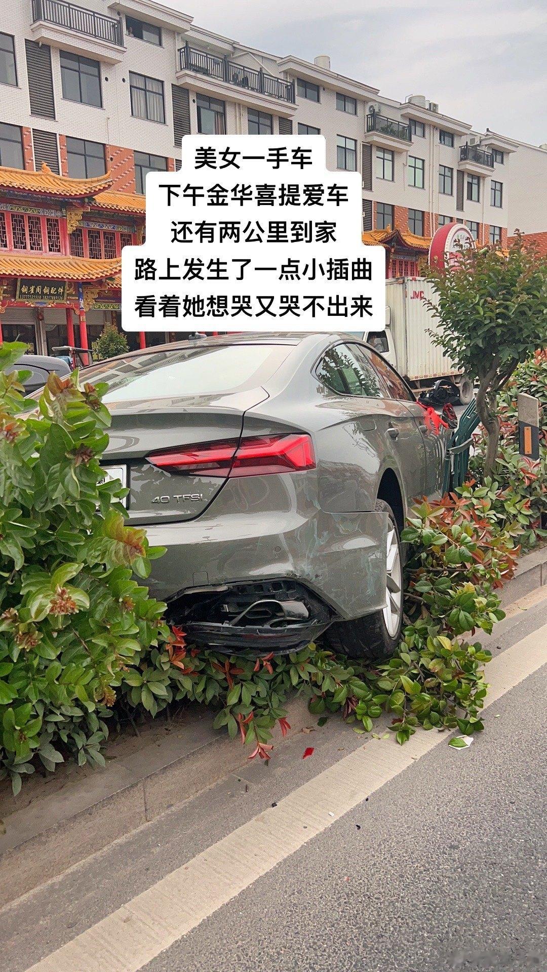 路上开车远离大货车，新提的奥迪直接被推到绿化带内………#珍爱生命远离大货车# ​
