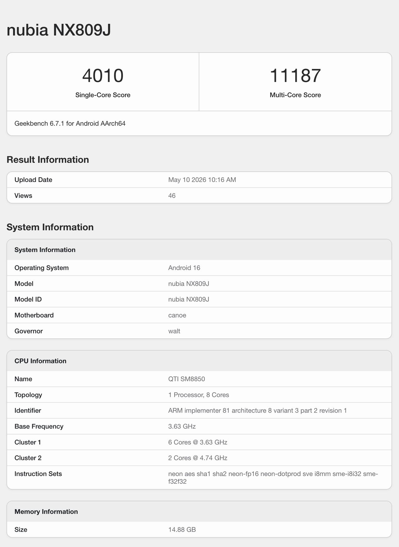 红魔 11S Pro+ 登上 Geekbench 6 官网，国内首发 4.74G