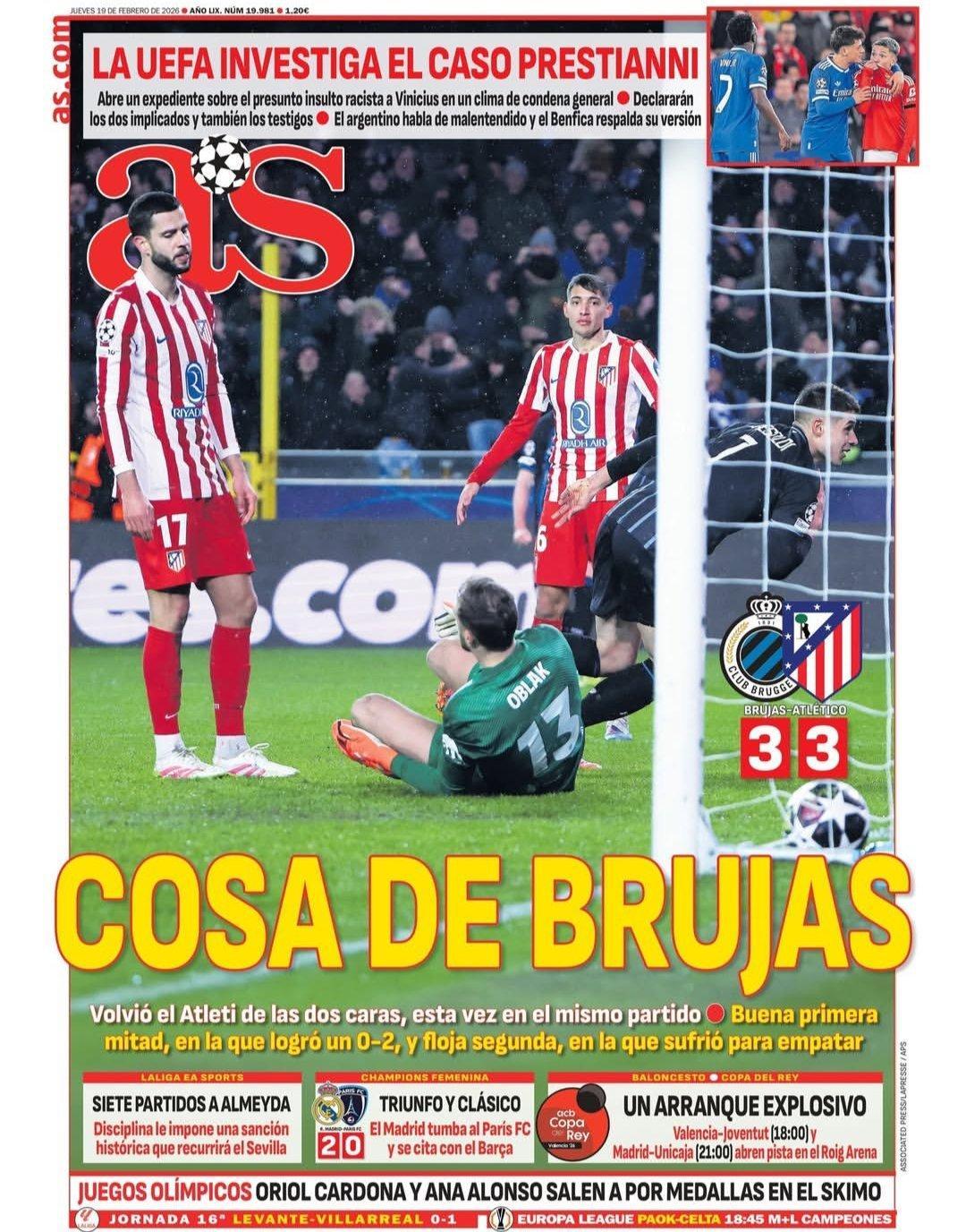 皇马 《阿斯》欧足联调查普雷斯迪亚尼案在普遍谴责的氛围中，关于可能对维尼修斯的种