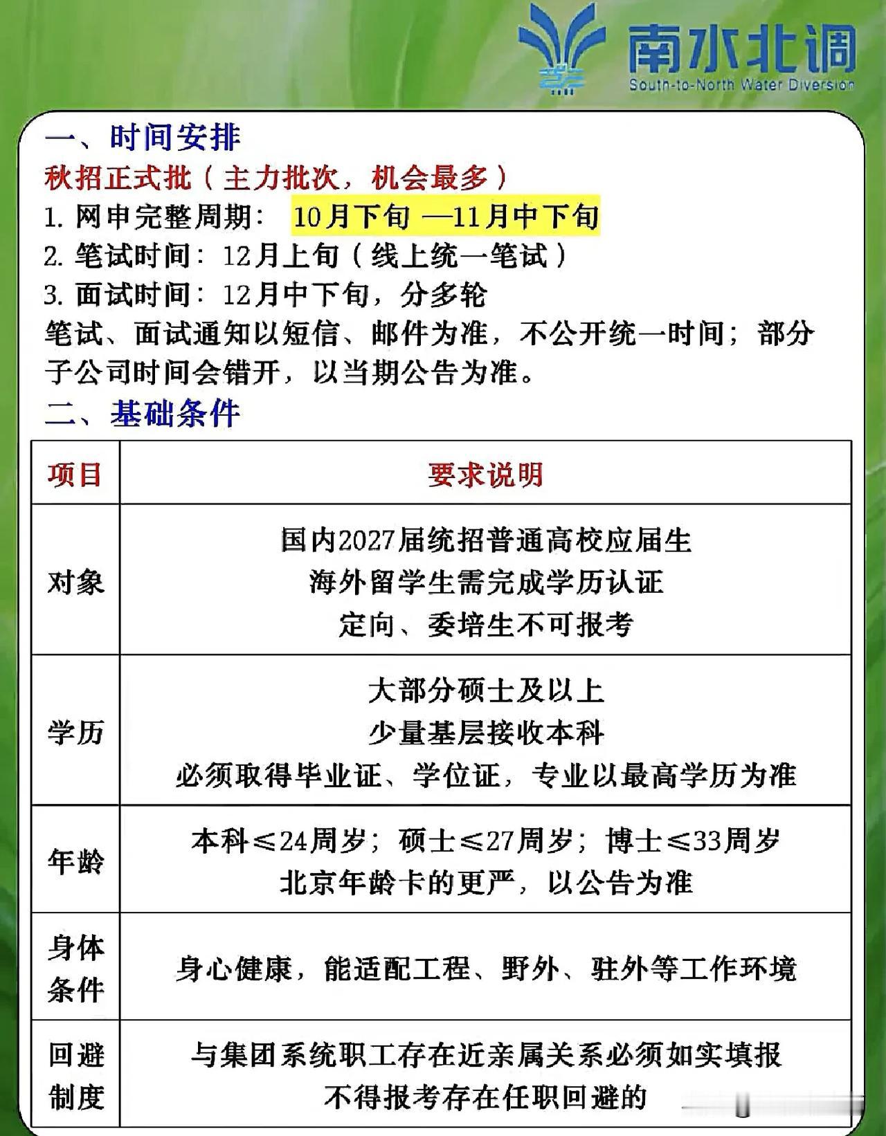 同学们，南水北调集团秋招正式批已经来了，这是全年主力批次，岗位和机会都是最多的，