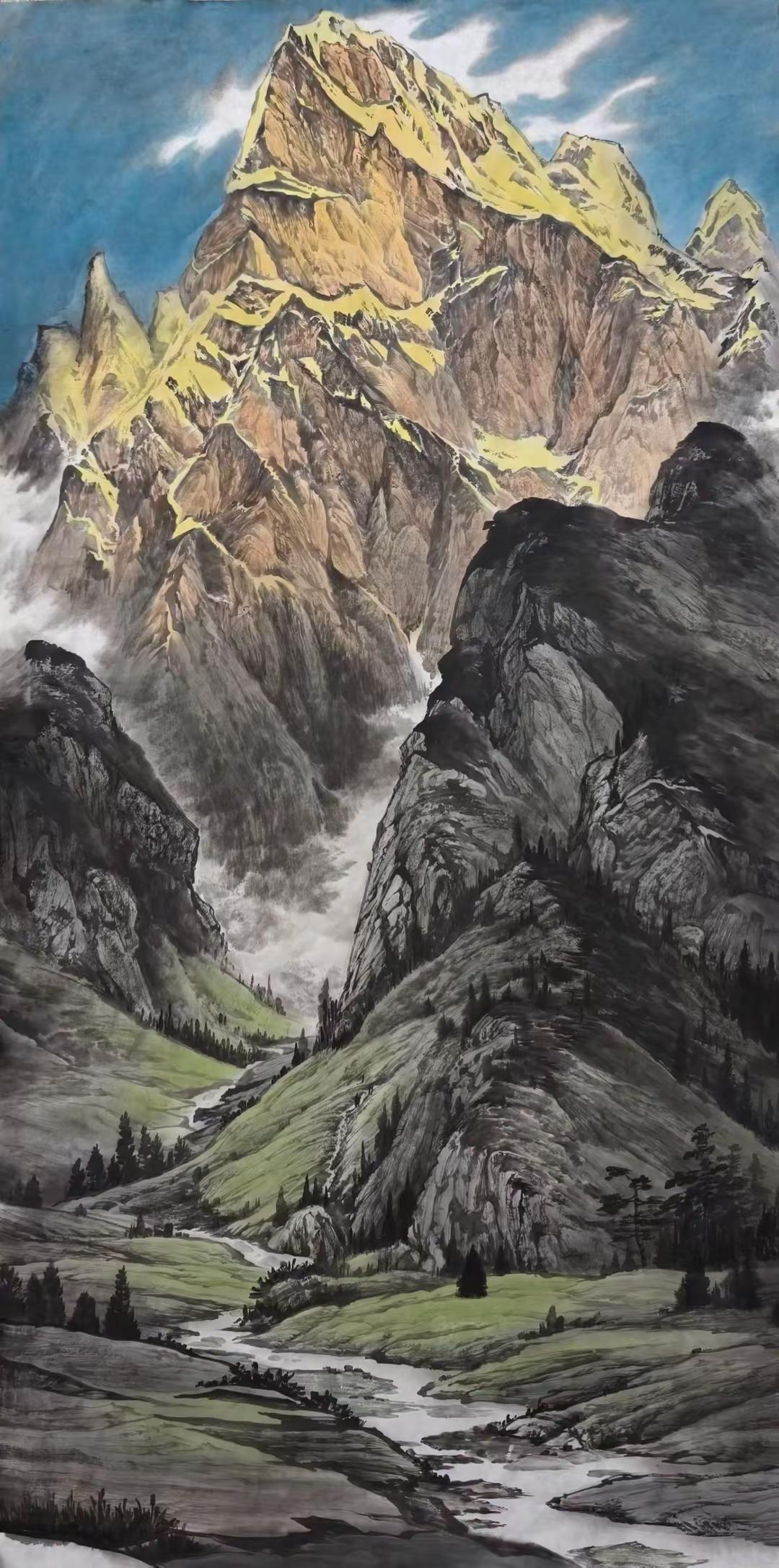 金山揽胜。山水画创作者中心 创作灵感 雪域山水画 纯手绘山水画