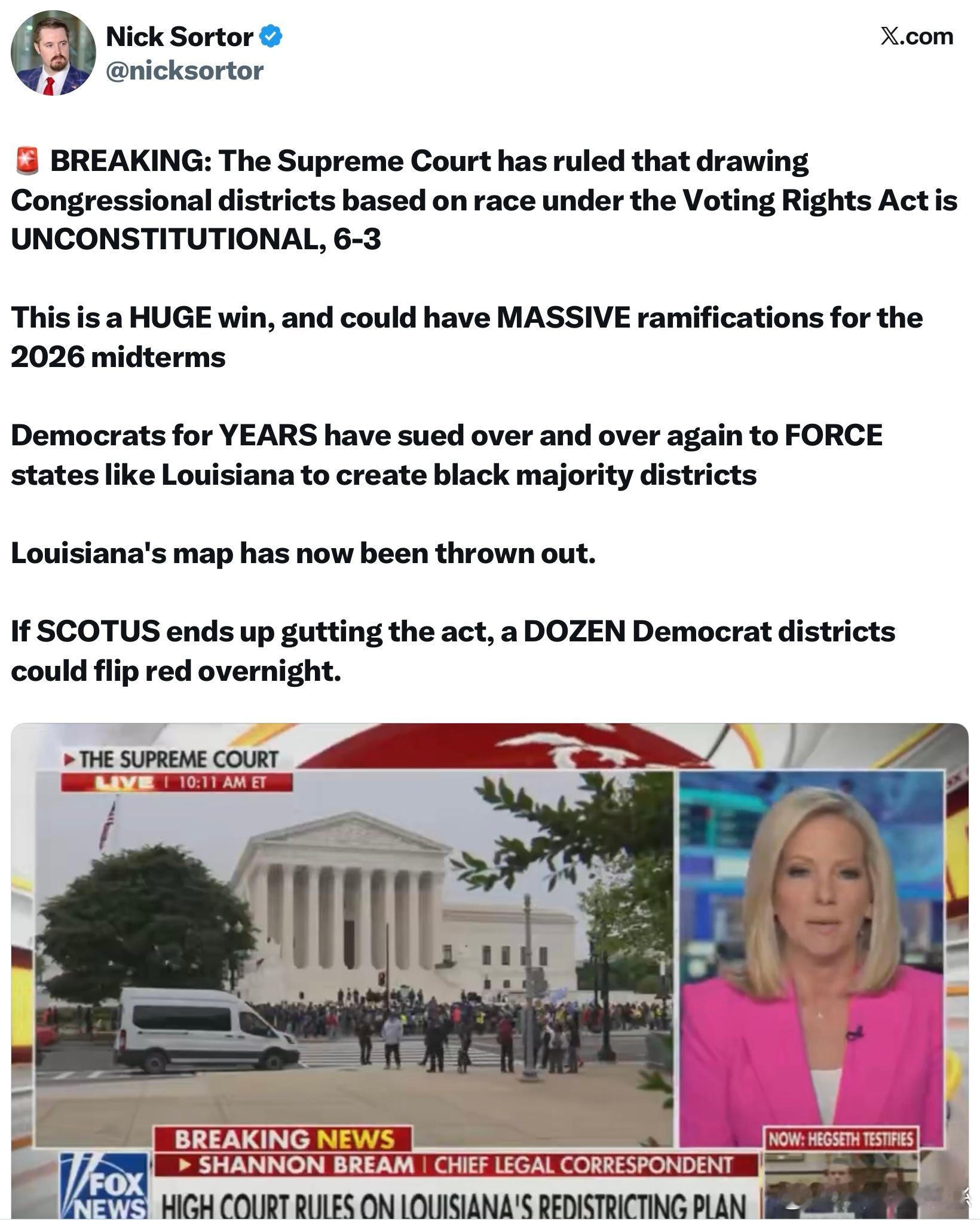 美國最高法院以 6-3 的投票結果，判定路易斯安那州為了符合 VRA 第 2 條