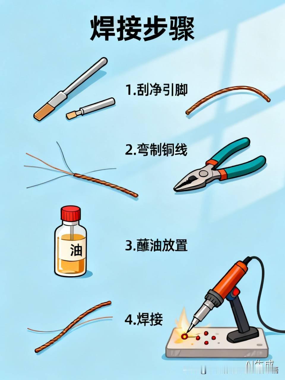 用刻刀小心刮净二极管断开引脚。取直径比引脚线小一半的裸细铜线，把要焊接的一端弯成