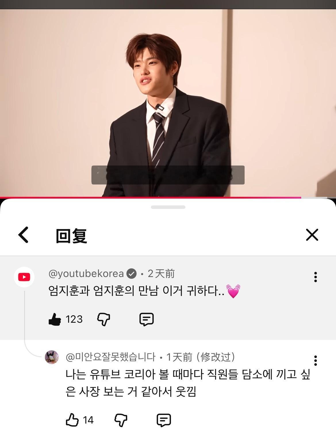 YouTube Korea官方油管账号评论Umjirella-假严智勋一则“严智