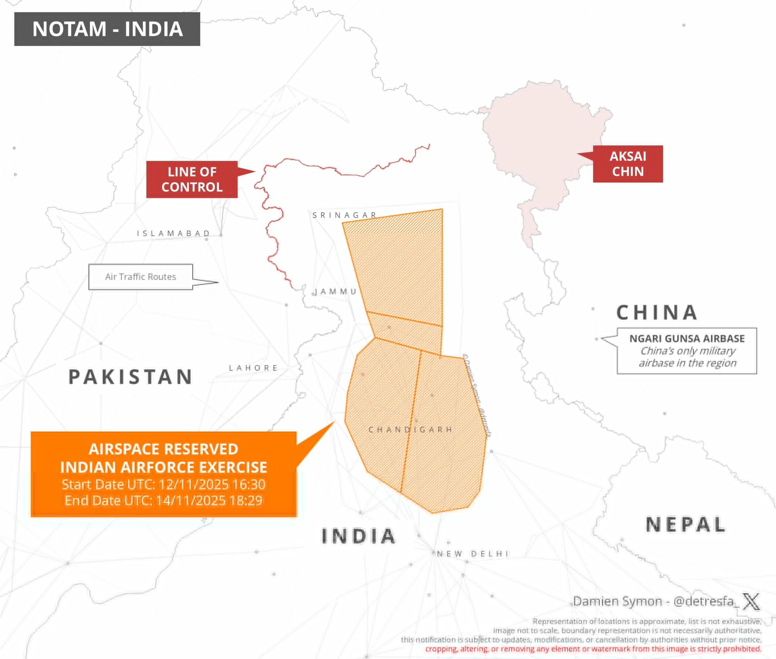 印度发布NOTAM，2025年11月12-14日，印度空军将在北部地区开展演习 
