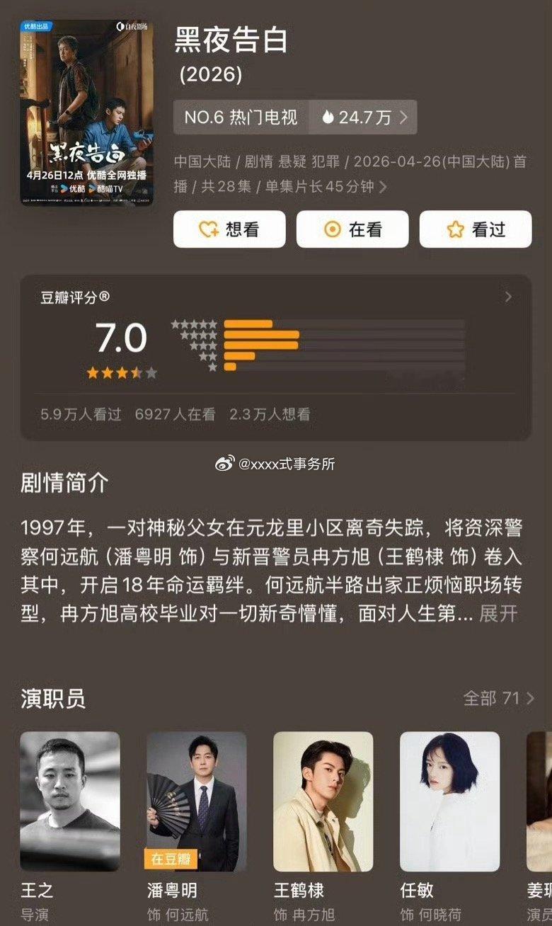 王骁、田曦薇《低智商犯罪》豆瓣开分8.0潘粤明、王鹤棣《黑夜告白》豆瓣开分7.0