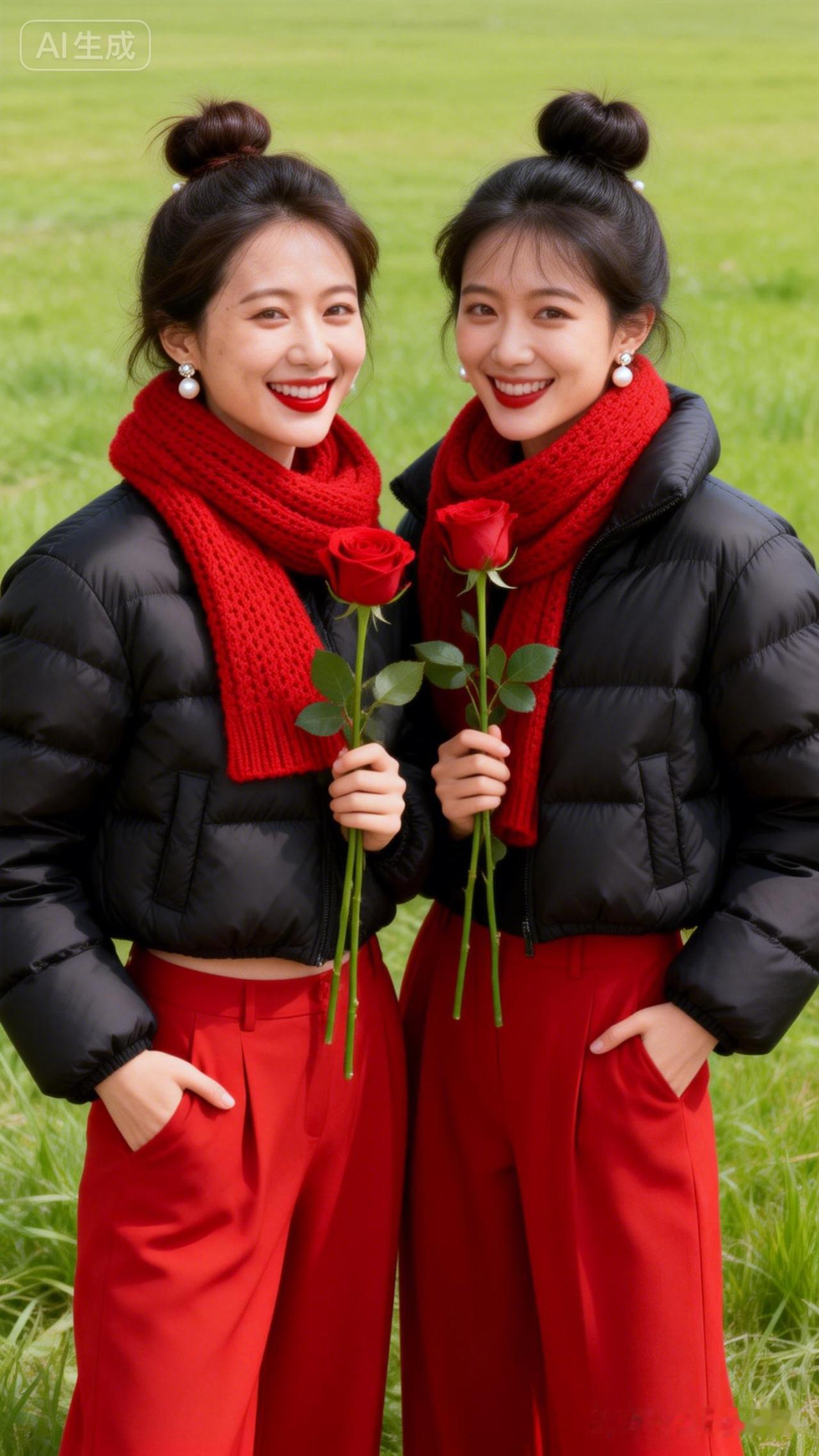 姐妹花手牵手，红玫瑰笑开颜🌹💕