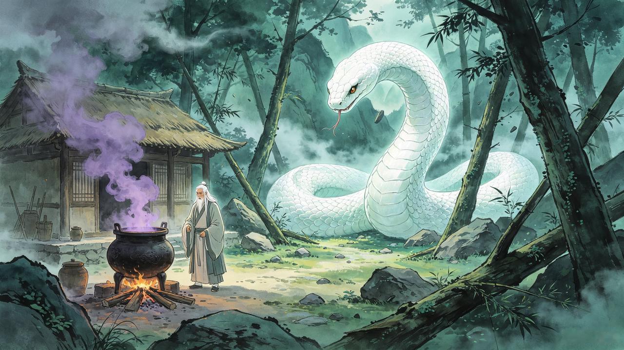 唐朝时，九凝山上住着一位炼药师，养了一条小白蛇。

那白蛇常偷吃丹药，身子暴涨，