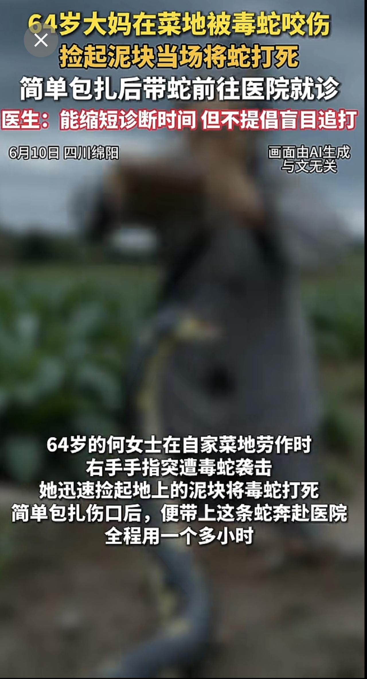 64岁大妈在菜地被毒蛇咬伤，捡起泥块当场将蛇打死，简单包扎后带蛇前往医院就诊，医
