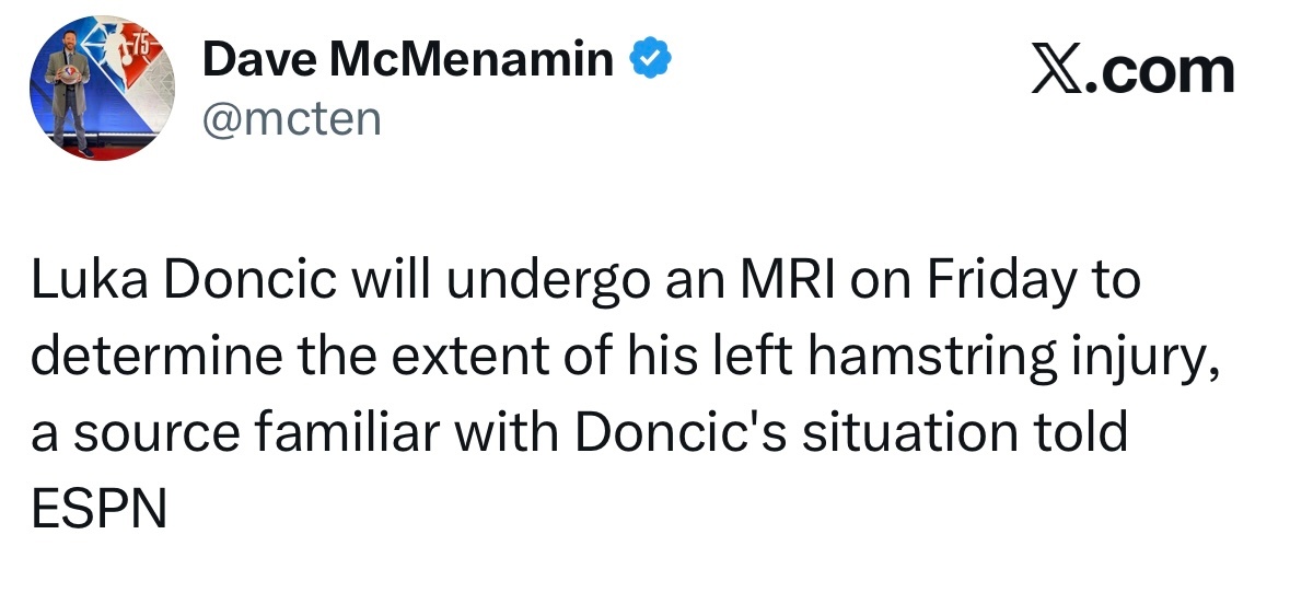 东契奇将于周五接受核磁共振（MRI）检查，来确定拉伤的严重程度。 